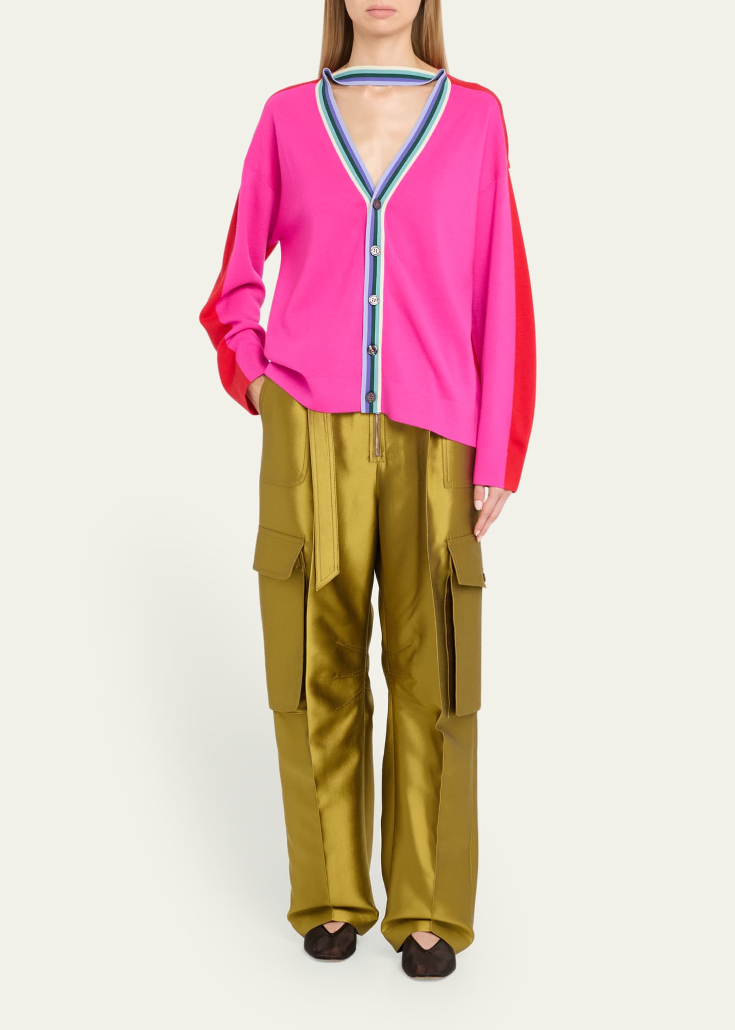 CHRISTOPHER JOHN ROGERS Belted Straight Leg Silk Cargo Pants Image 2 of 5