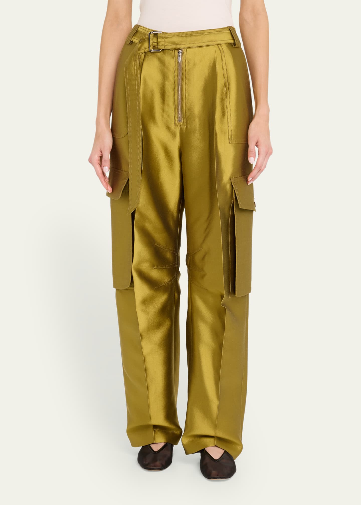 CHRISTOPHER JOHN ROGERS Belted Straight Leg Silk Cargo Pants Image 4 of 5