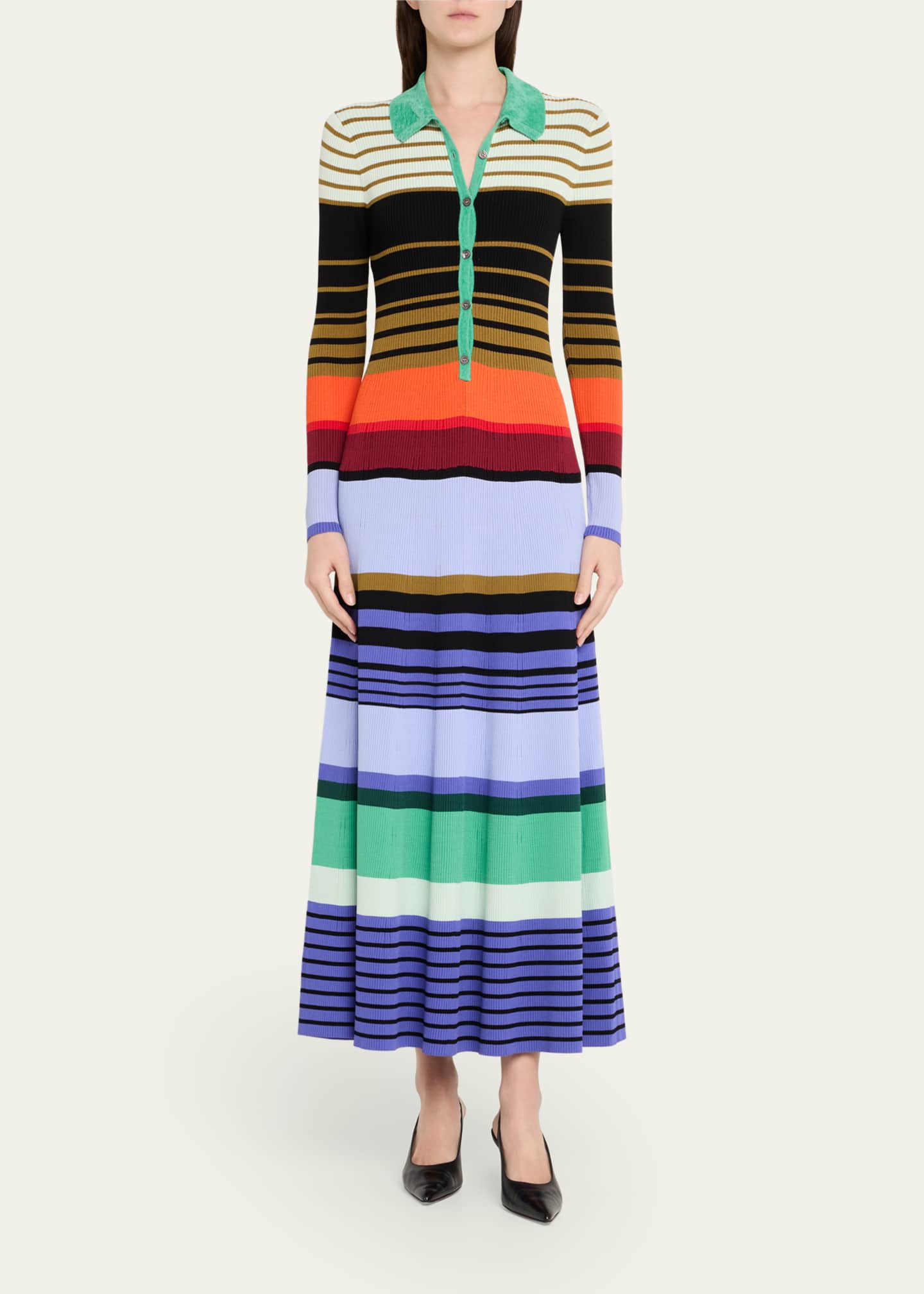 CHRISTOPHER JOHN ROGERS Stripe Ribbed Long Sleeve Maxi Polo Dress Image 2 of 5