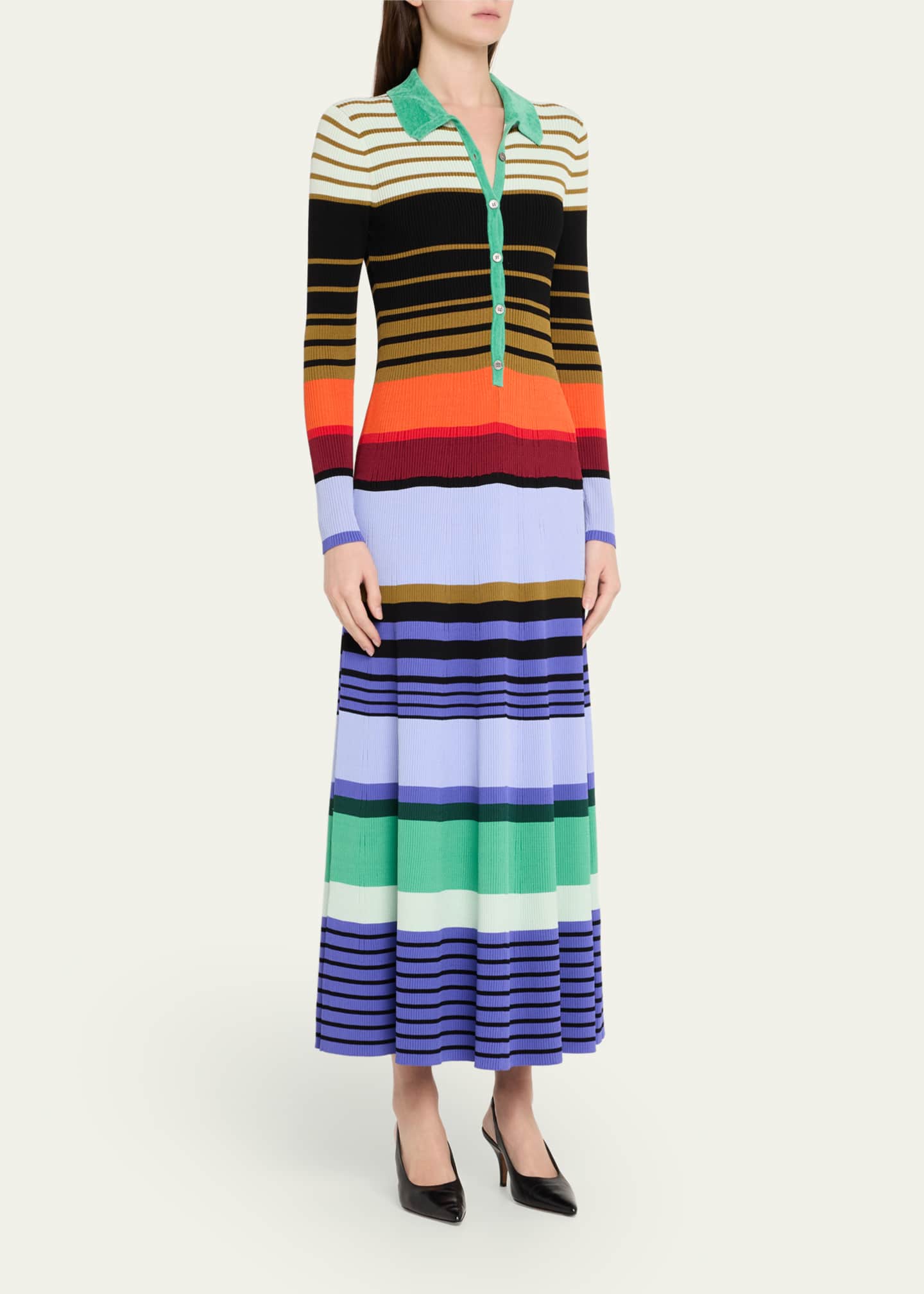 CHRISTOPHER JOHN ROGERS Stripe Ribbed Long Sleeve Maxi Polo Dress Image 4 of 5