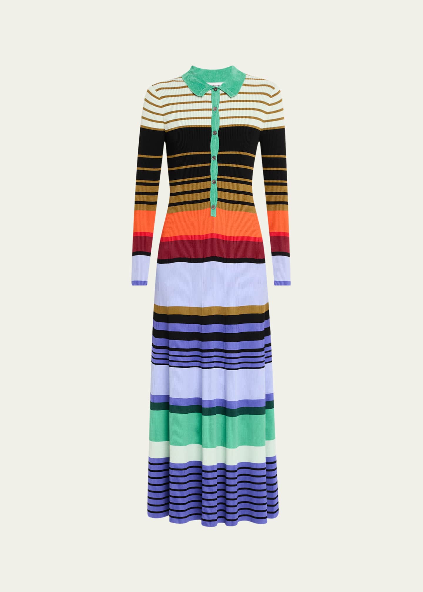 CHRISTOPHER JOHN ROGERS Stripe Ribbed Long Sleeve Maxi Polo Dress Image 1 of 5