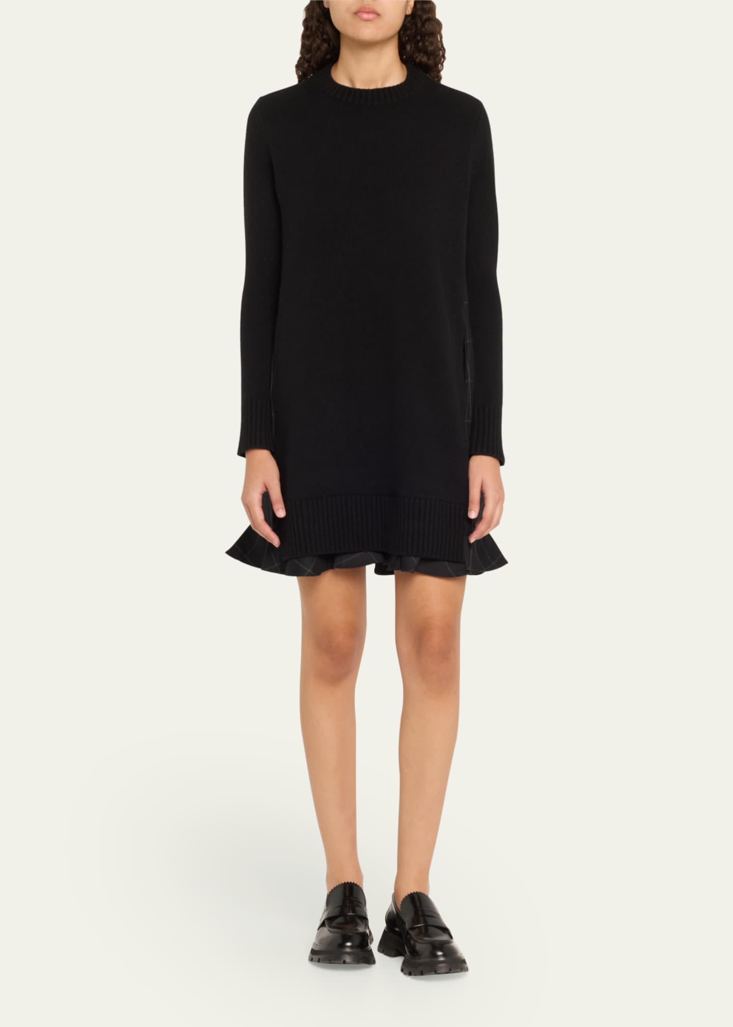 SACAI Long-Sleeve Knit Mini Dress with Windowpane Print Underlay 