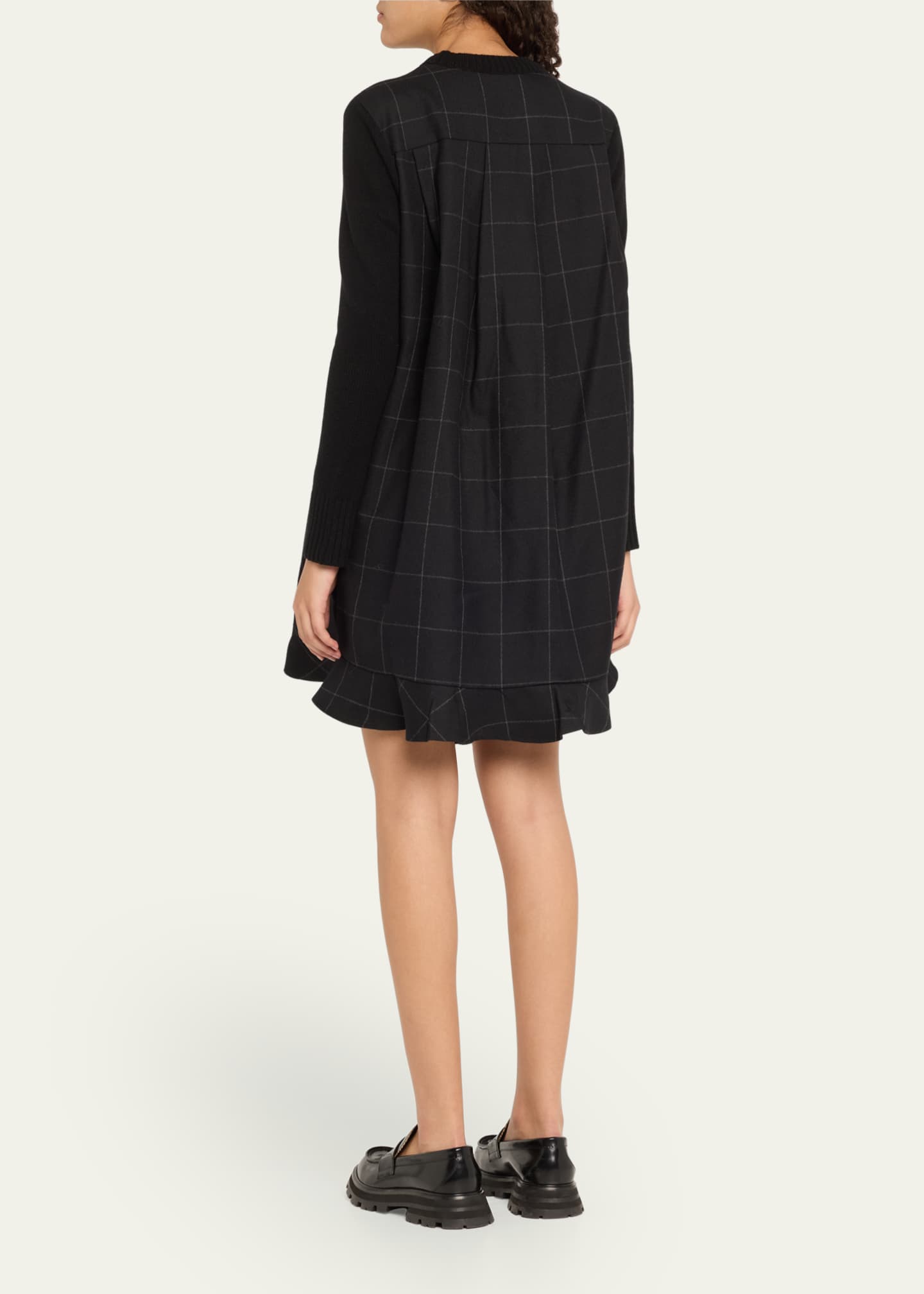 SACAI Long-Sleeve Knit Mini Dress with Windowpane Print Underlay 