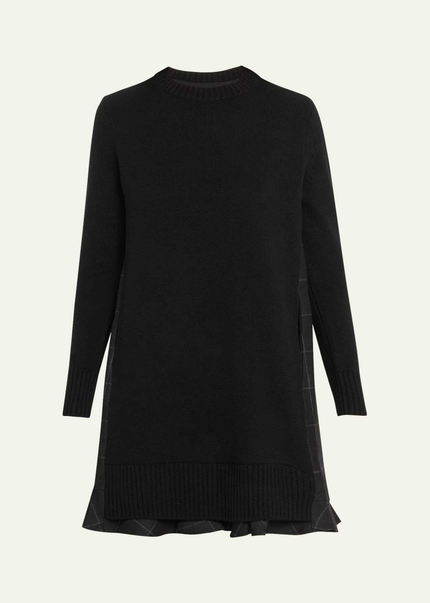 SACAI Long-Sleeve Knit Mini Dress with Windowpane Print Underlay 