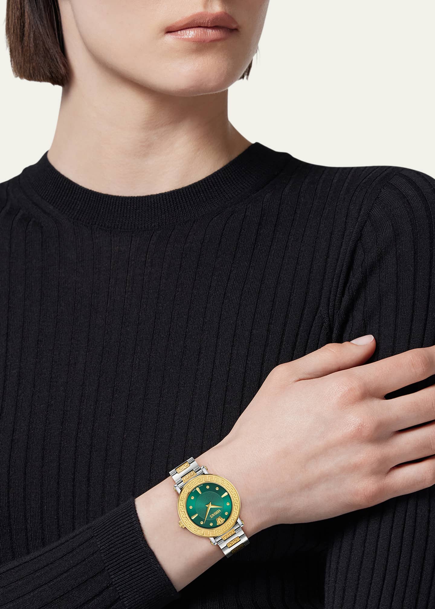 Versace 35mm Greca Sphere Watch with Bracelet Strap, Two Tone/Green Image 2 of 5