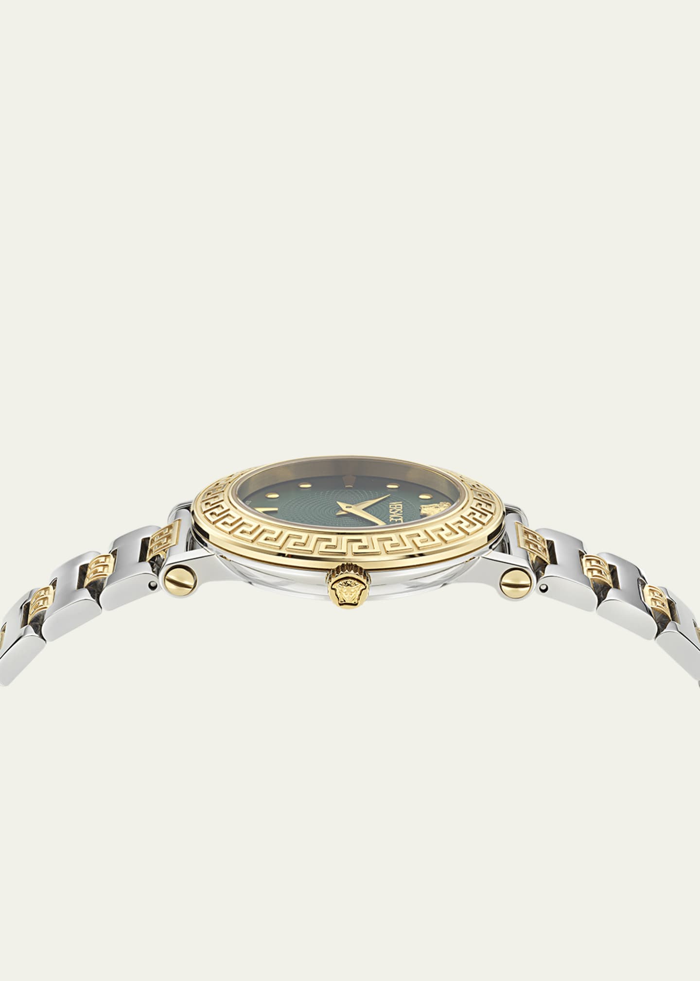 Versace 35mm Greca Sphere Watch with Bracelet Strap, Two Tone/Green Image 3 of 5