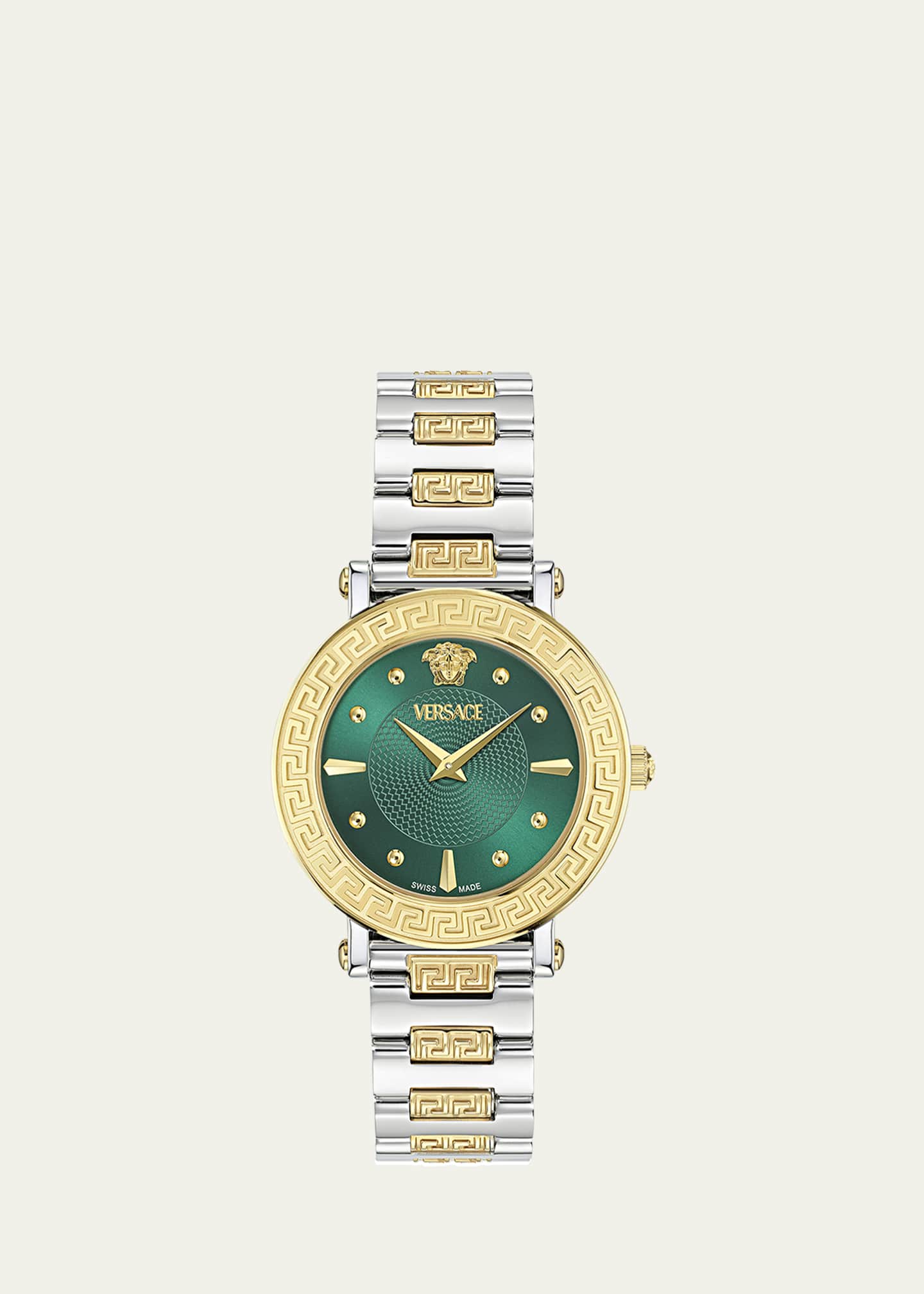 Versace 35mm Greca Sphere Watch with Bracelet Strap, Two Tone/Green Image 1 of 5