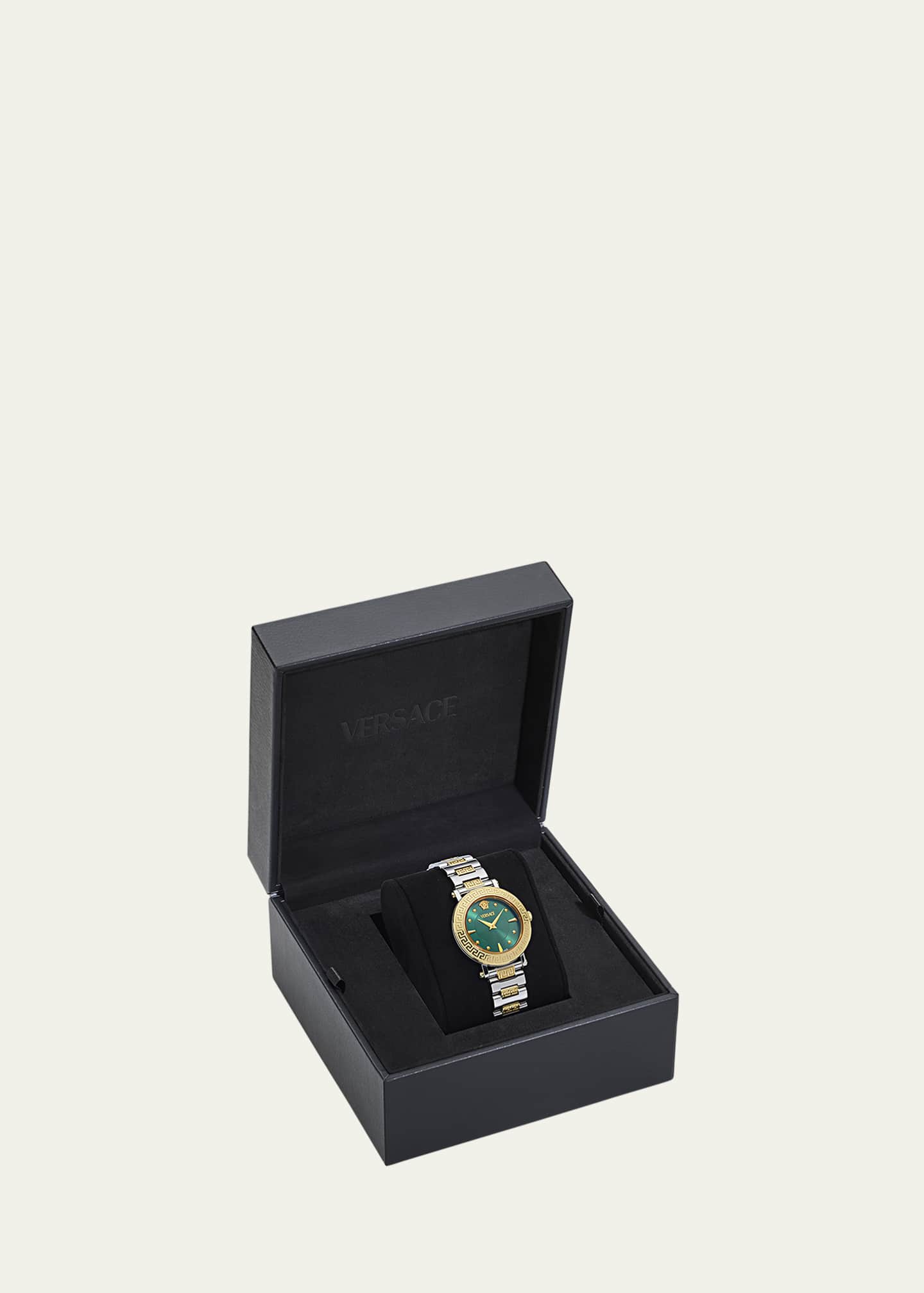 Versace 35mm Greca Sphere Watch with Bracelet Strap, Two Tone/Green Image 5 of 5