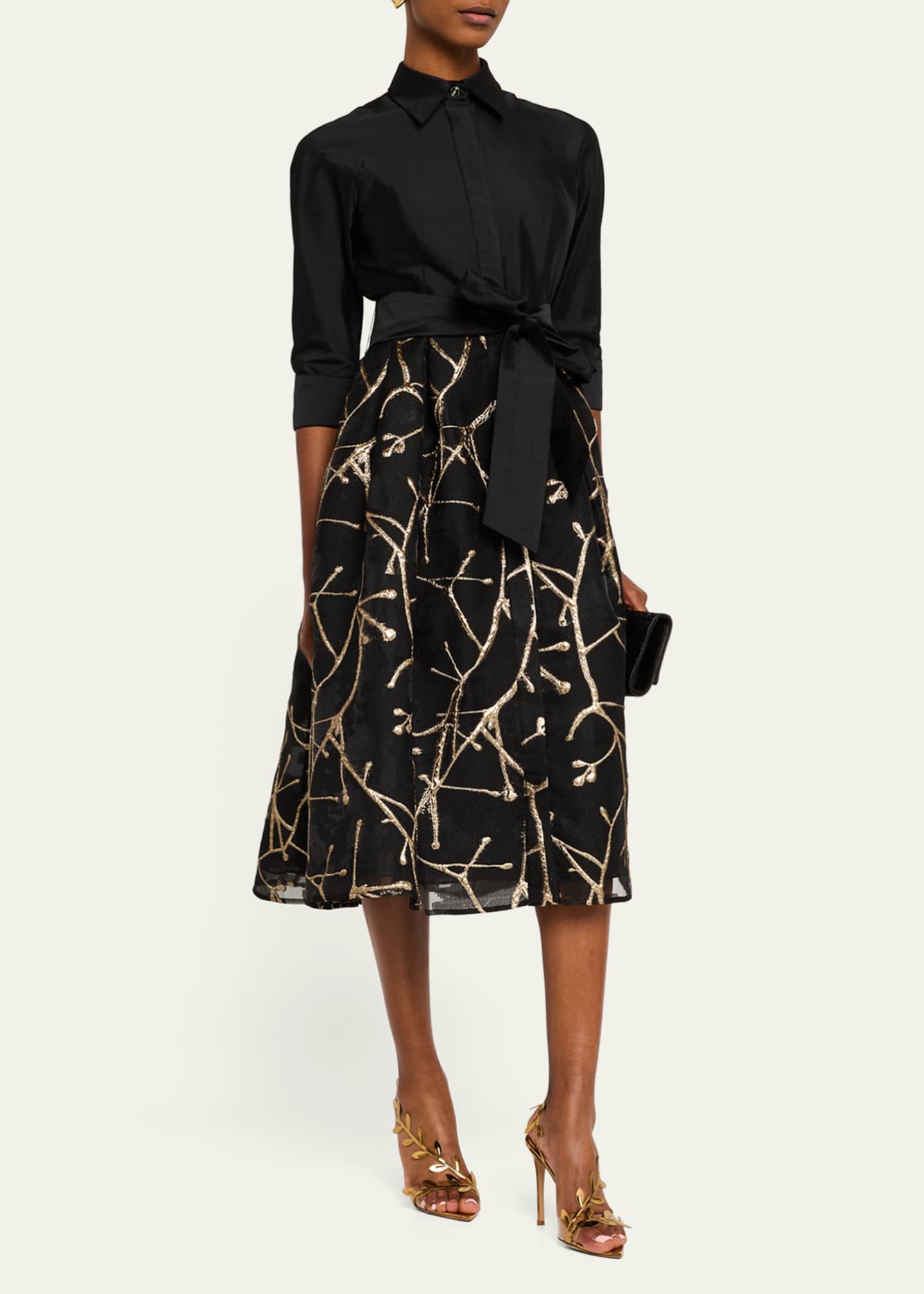 Rickie Freeman for Teri Jon Taffeta and Metallic Jacquard Midi Shirtdress Image 2 of 5