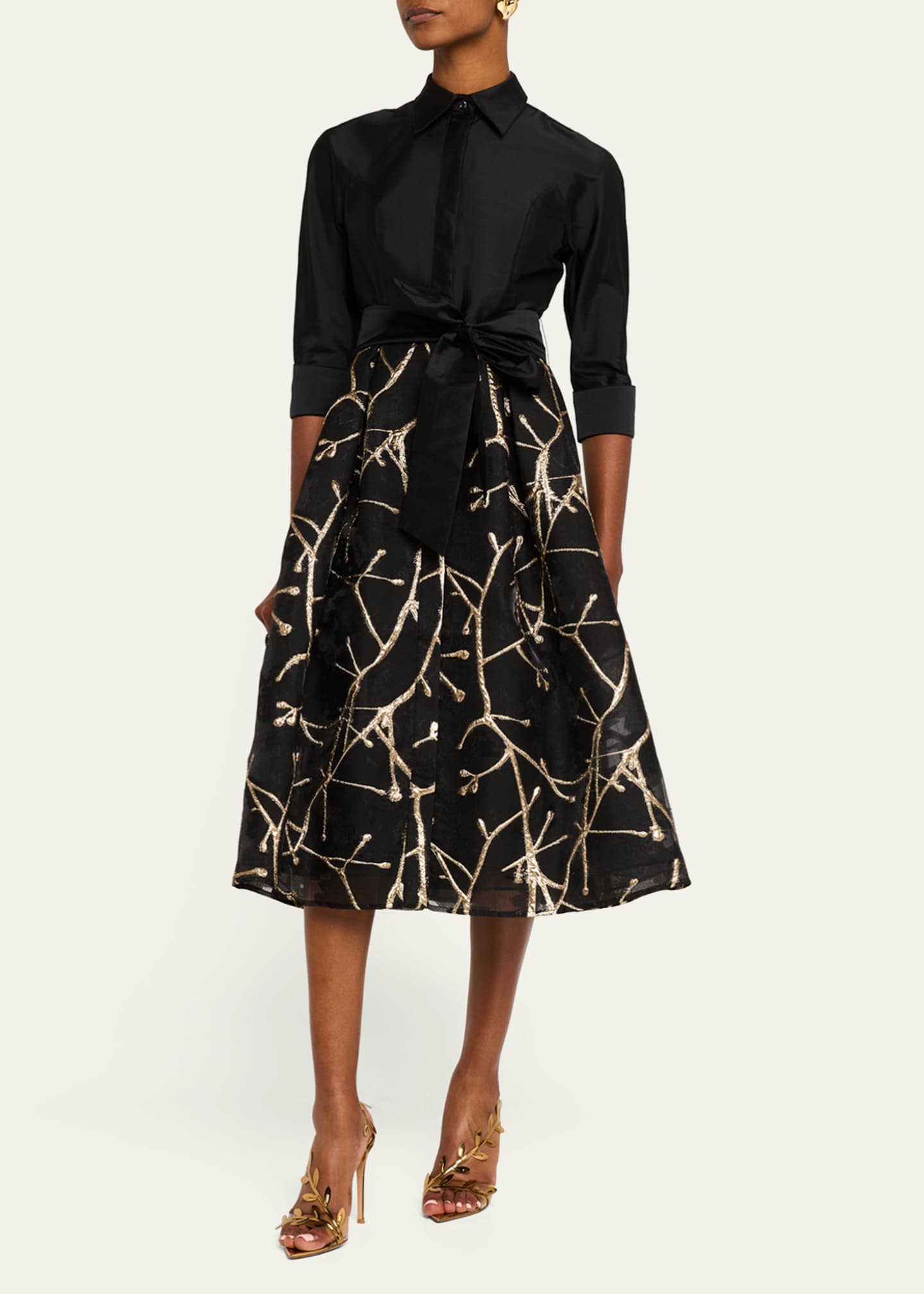 Rickie Freeman for Teri Jon Taffeta and Metallic Jacquard Midi Shirtdress Image 3 of 5