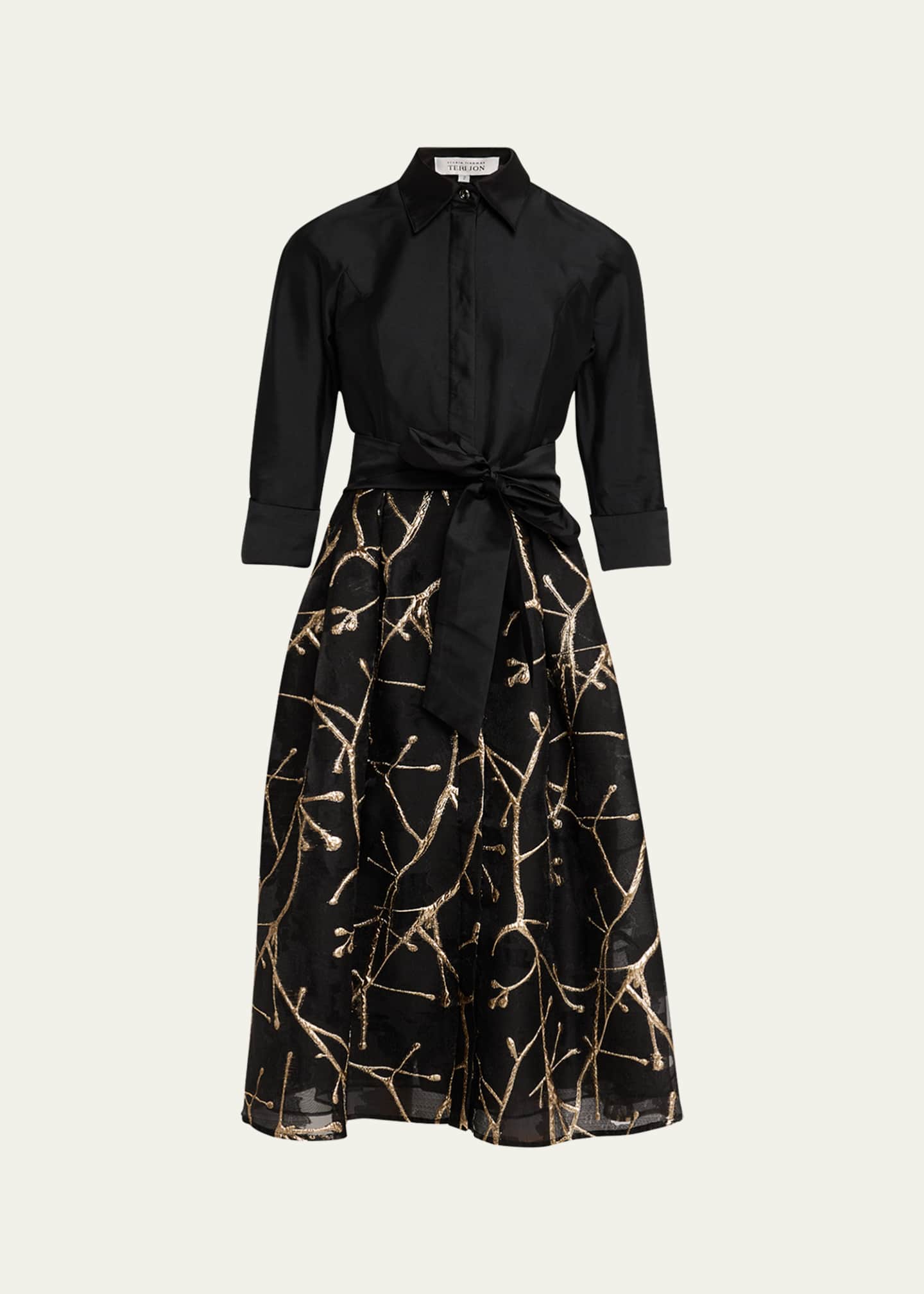 Rickie Freeman for Teri Jon Taffeta and Metallic Jacquard Midi Shirtdress Image 1 of 5