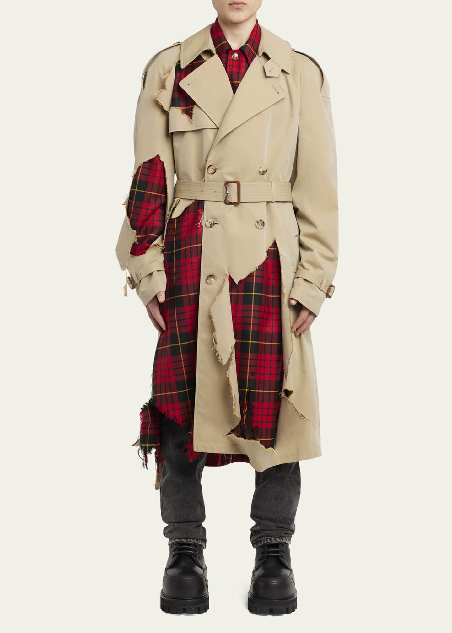 Alexander McQueen Men s Destroyed Trench Coat with Tartan Underlay Bergdorf Goodman