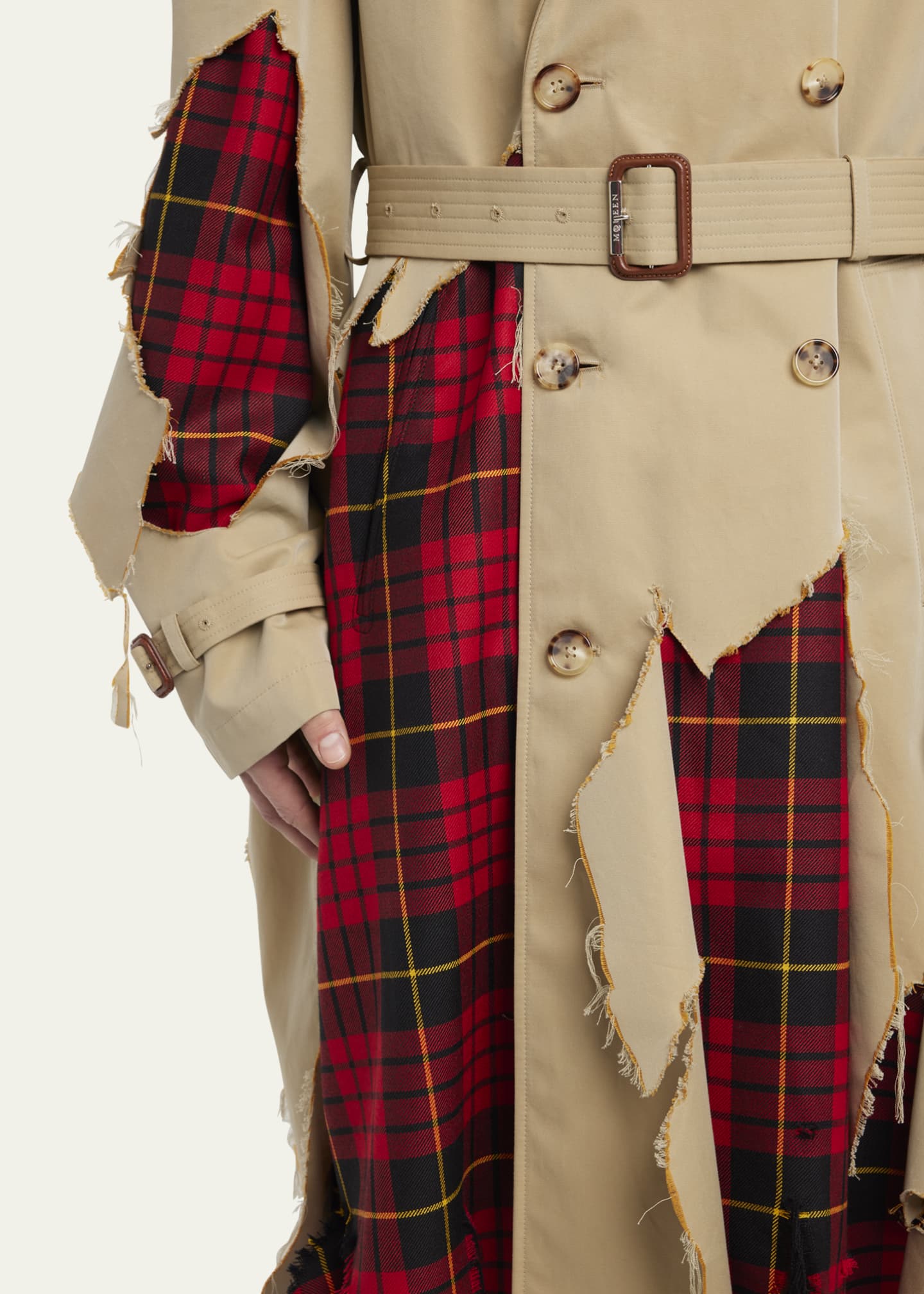 Alexander McQueen Men s Destroyed Trench Coat with Tartan Underlay Bergdorf Goodman