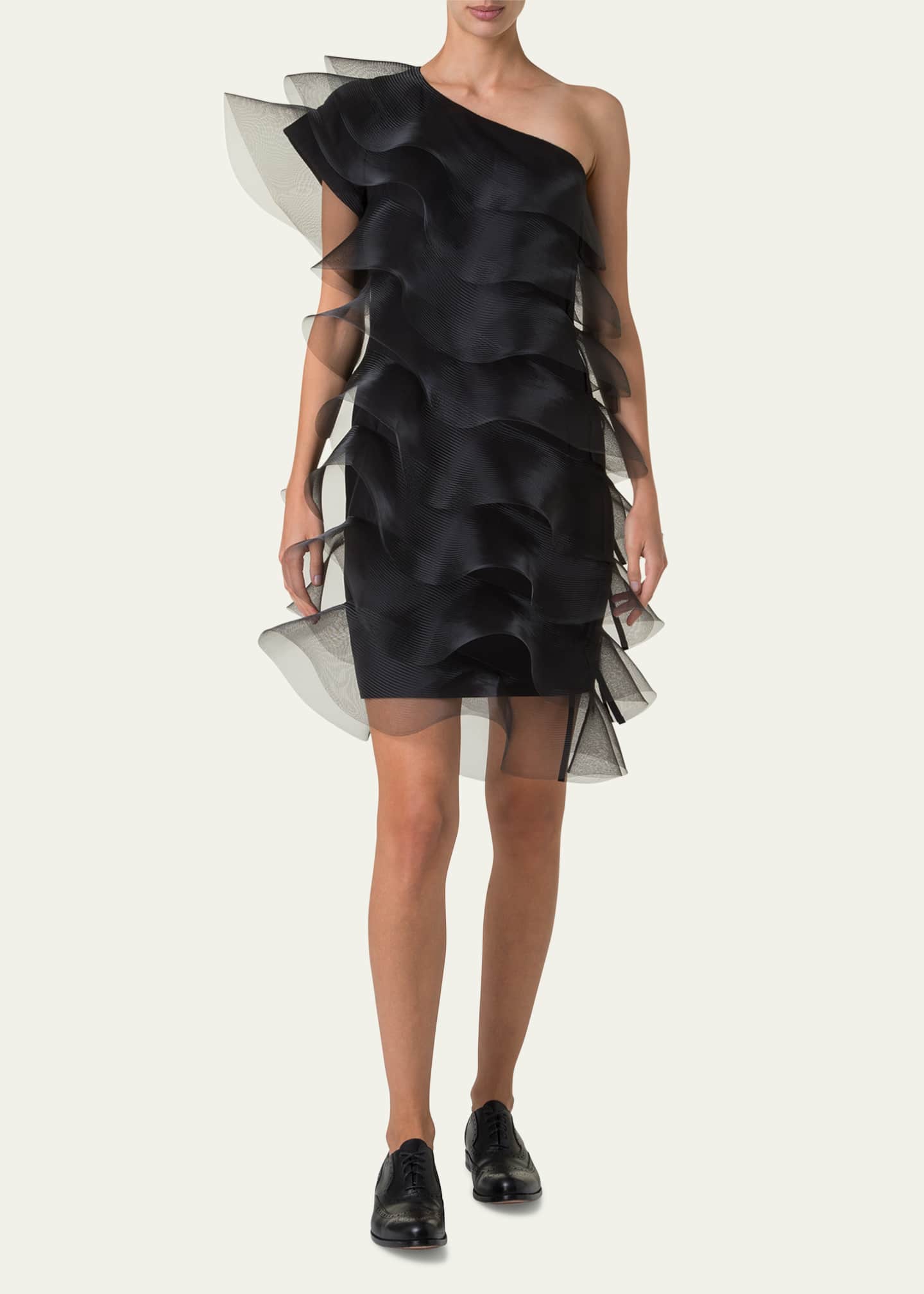 Akris Tiered Diagonal Crinoline Ruffles One-Shoulder Mini Dress Image 2 of 5