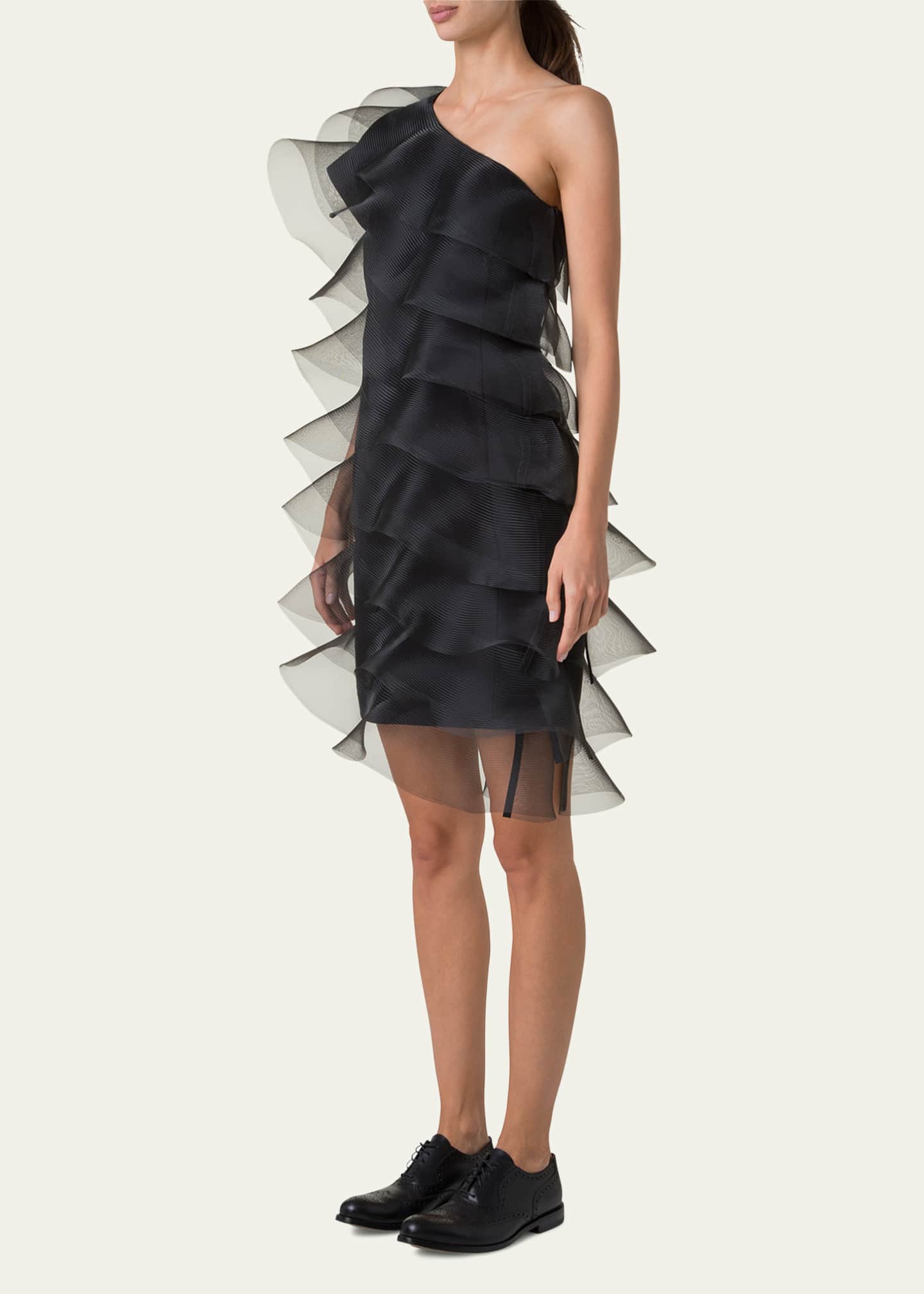 Akris Tiered Diagonal Crinoline Ruffles One-Shoulder Mini Dress Image 4 of 5