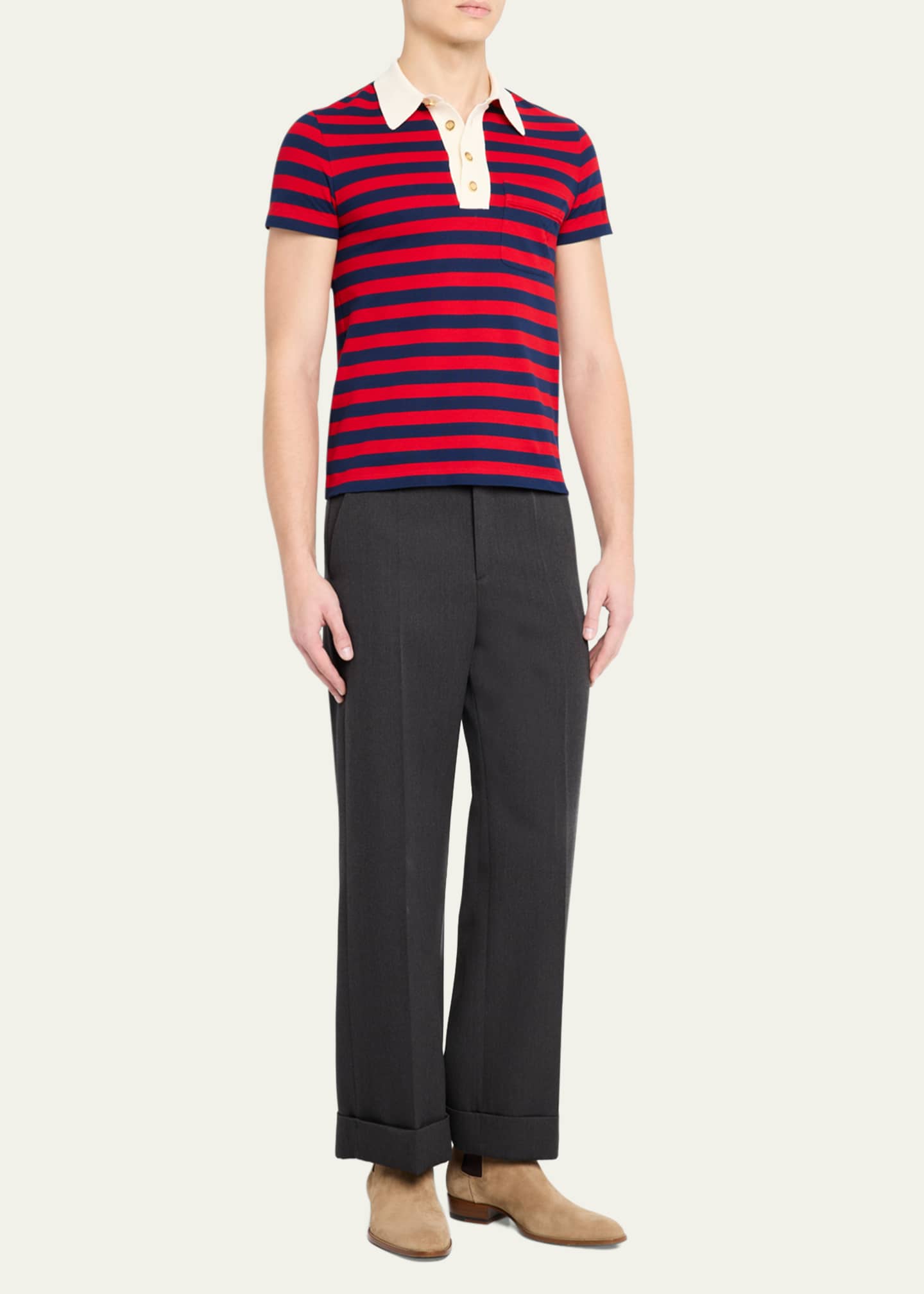 Valentino Garavani Men's Stripe Cotton Pique Polo Shirt Image 2 of 5