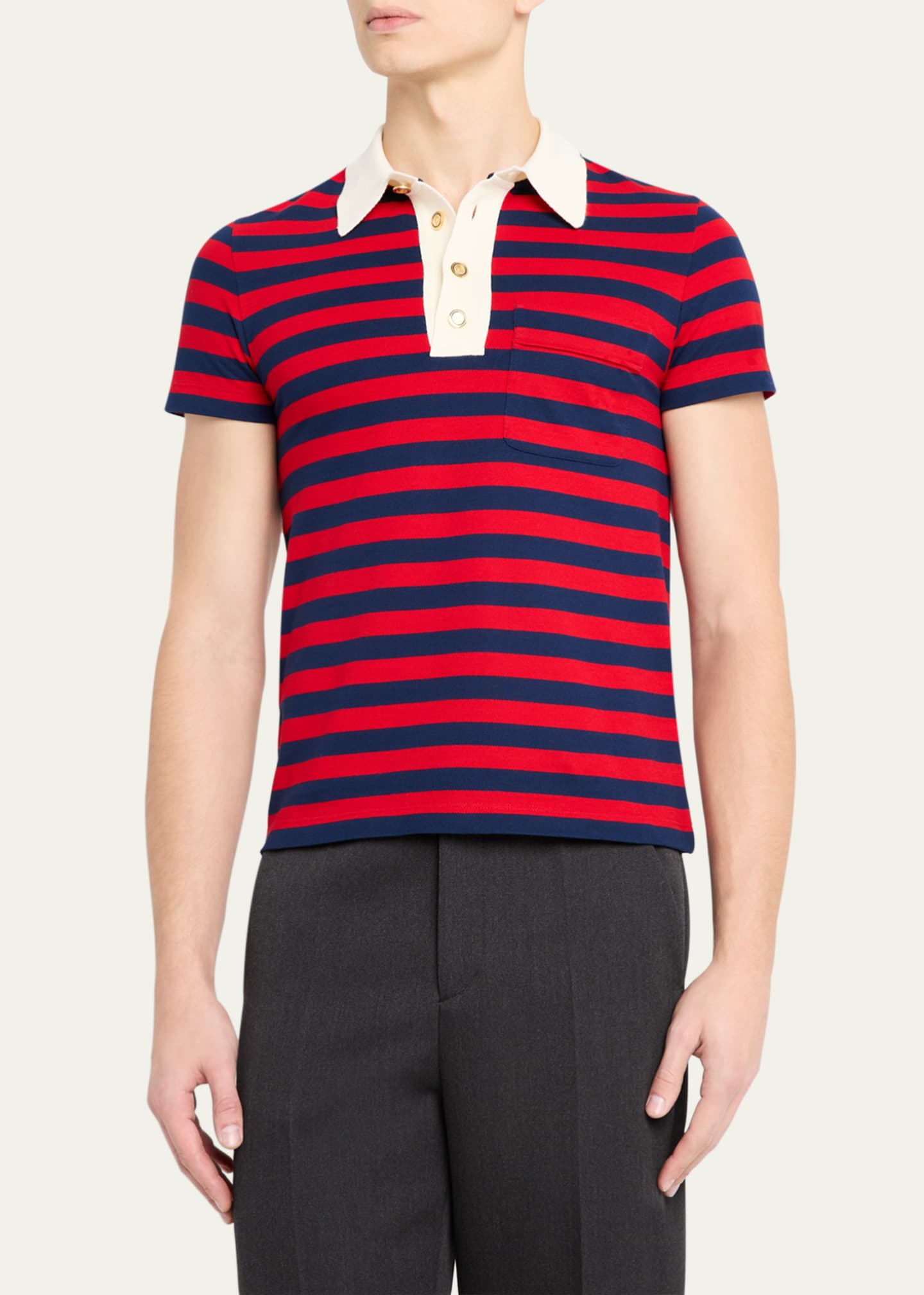 Valentino Garavani Men's Stripe Cotton Pique Polo Shirt Image 4 of 5