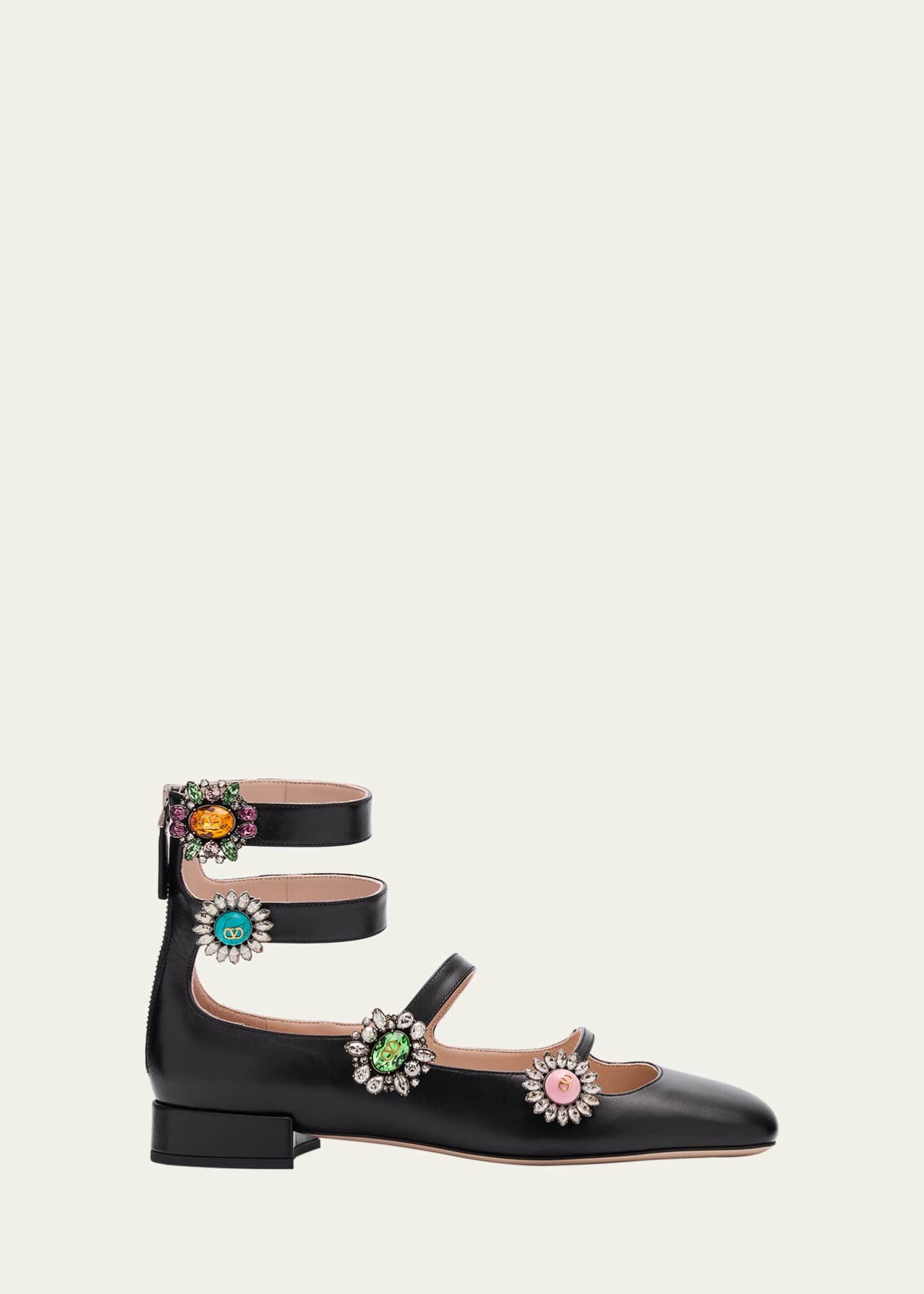 Valentino Garavani Leather Jewel Four-Strap Ballerina Flats Image 1 of 6