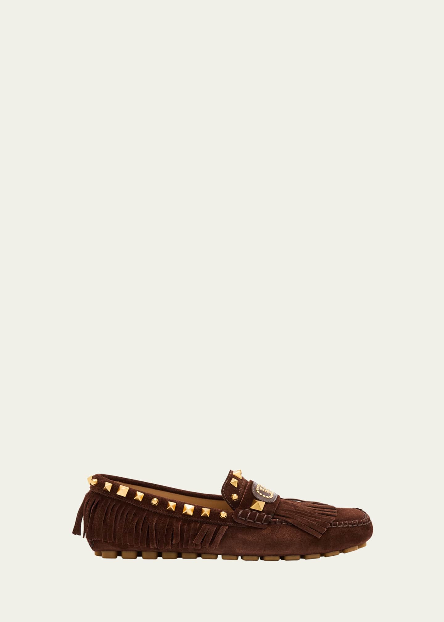 Valentino Garavani V-Logo Rockstud Suede Fringe Driver Loafers