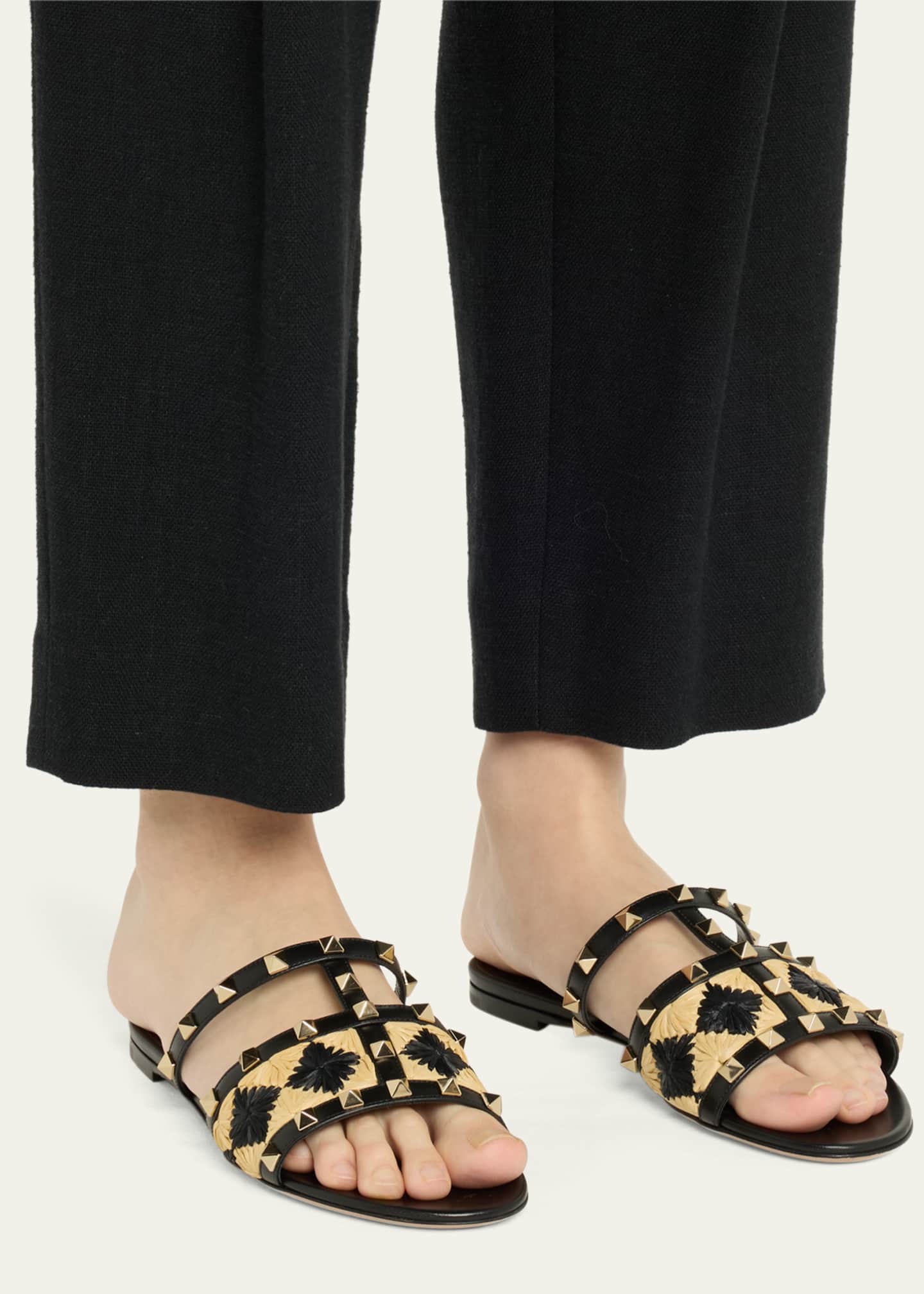 Valentino Garavani Rockstud Raffia Flat Slide Sandals Image 2 of 6