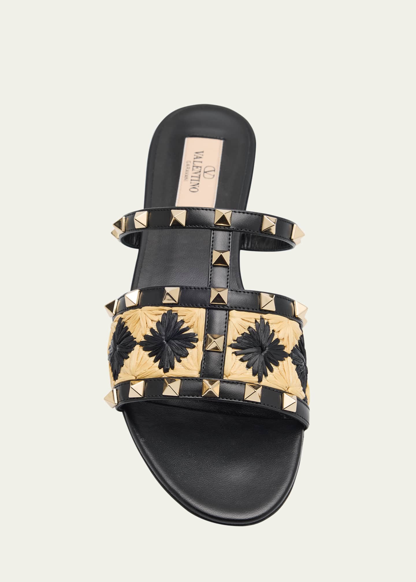 Valentino Garavani Rockstud Raffia Flat Slide Sandals Image 6 of 6