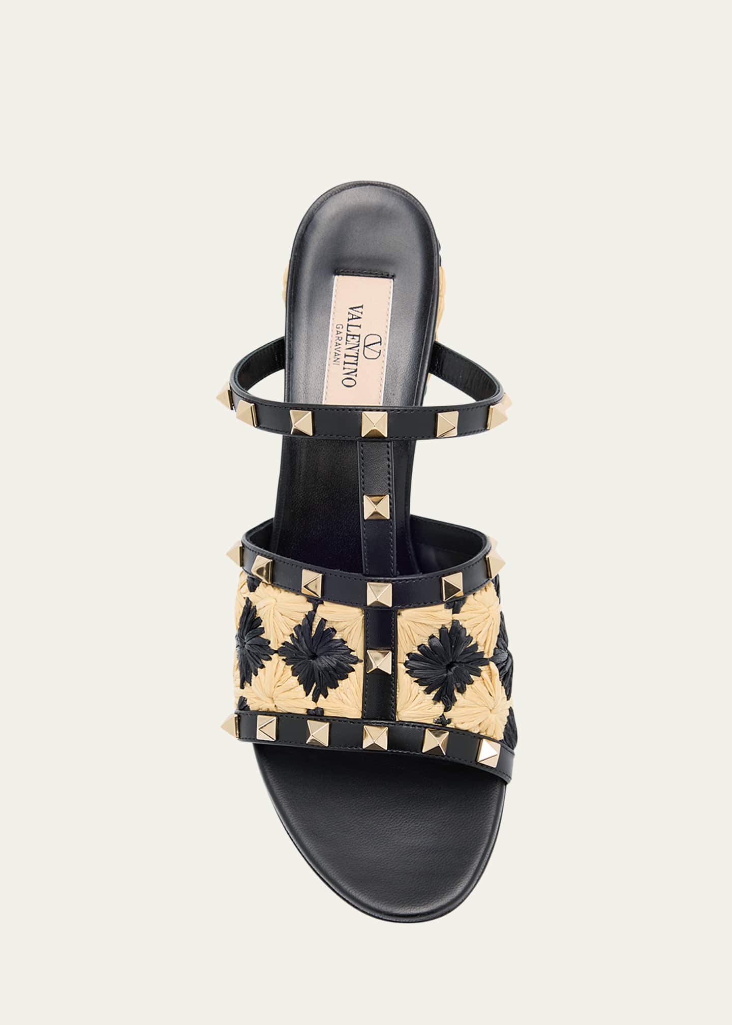 Valentino Garavani Rockstud Raffia T-Strap Slide Sandals Image 5 of 5
