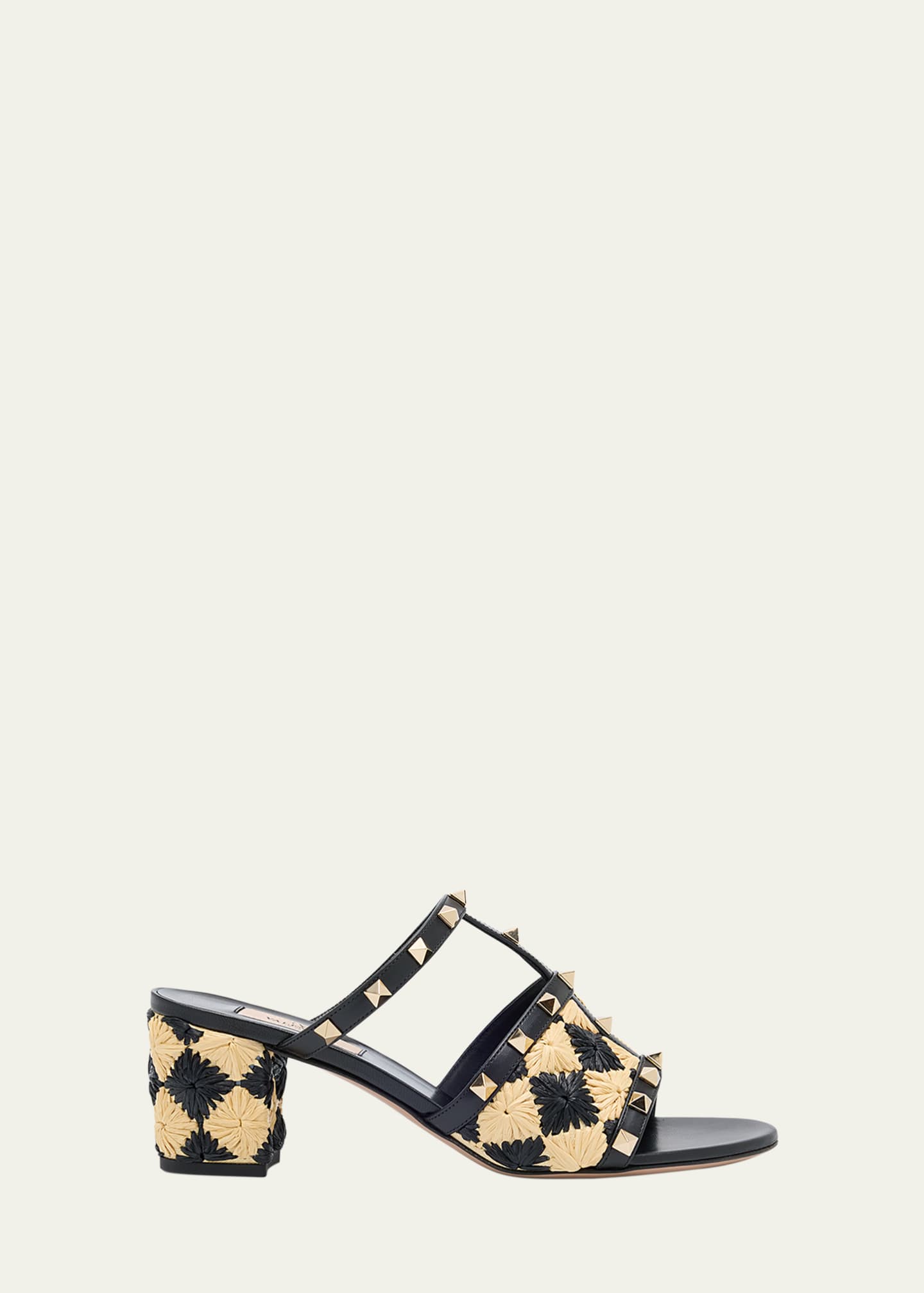 Valentino Garavani Rockstud Raffia T-Strap Slide Sandals Image 1 of 5