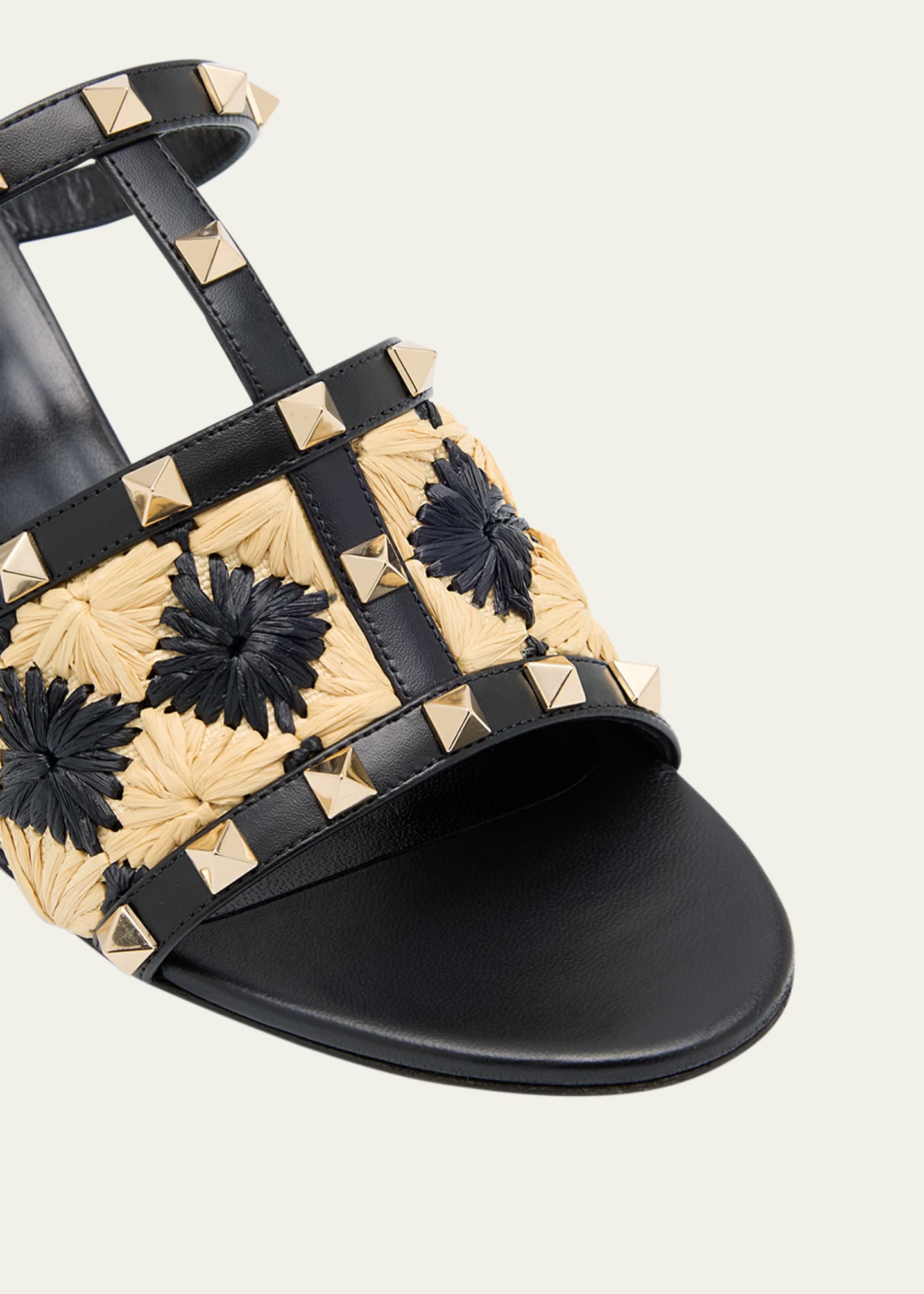 Valentino Garavani Rockstud Raffia T-Strap Slide Sandals Image 4 of 5