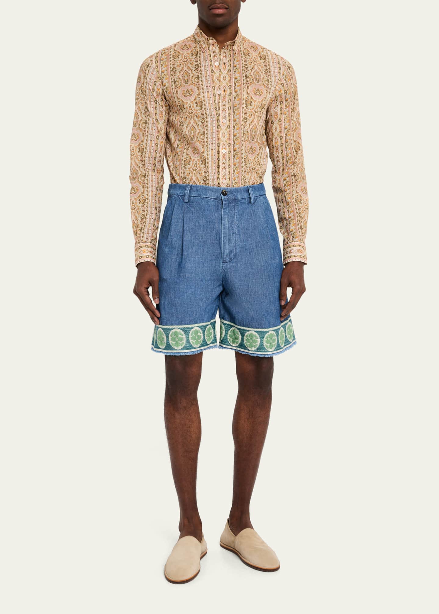 Valentino Garavani Men's Chambray Embellished-Hem Shorts Image 2 of 5