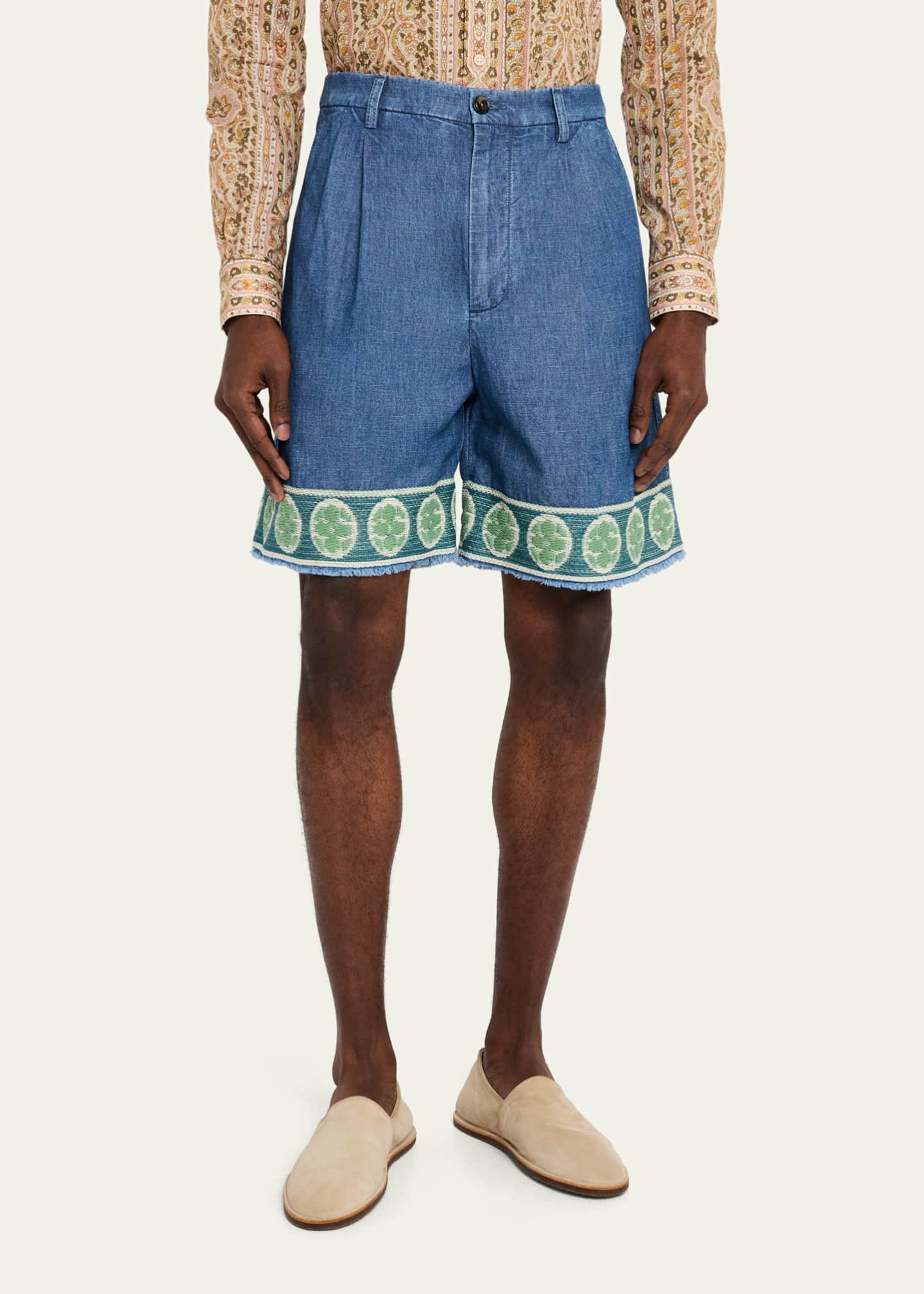 Valentino Garavani Men's Chambray Embellished-Hem Shorts Image 4 of 5