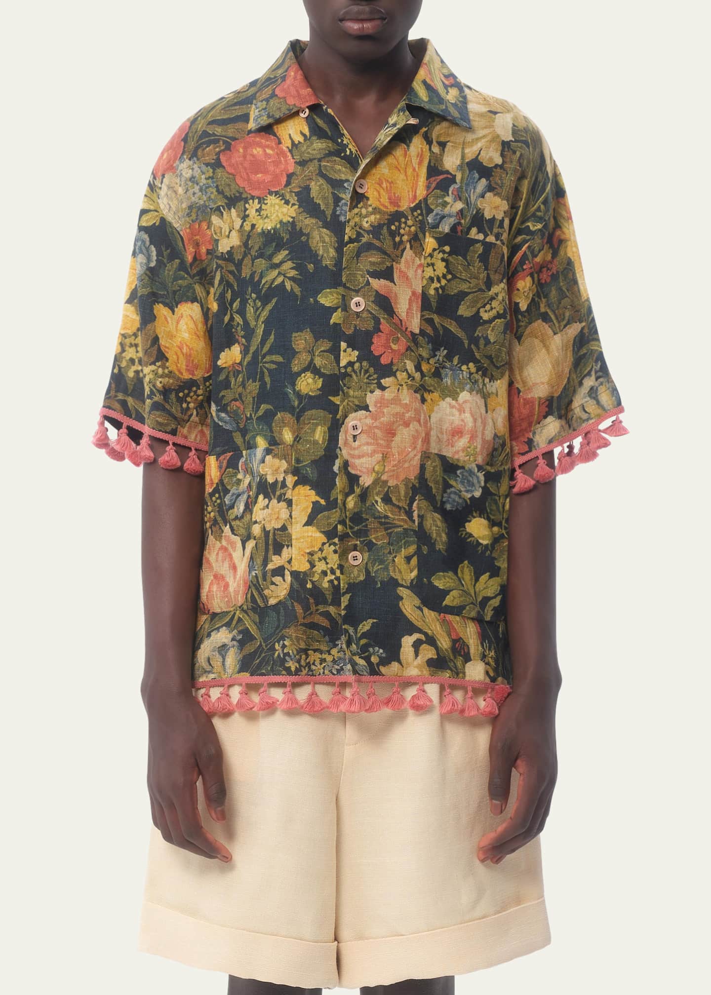 Valentino Garavani Men's Floral Poplin Tassel Camp Shirt Image 2 of 4
