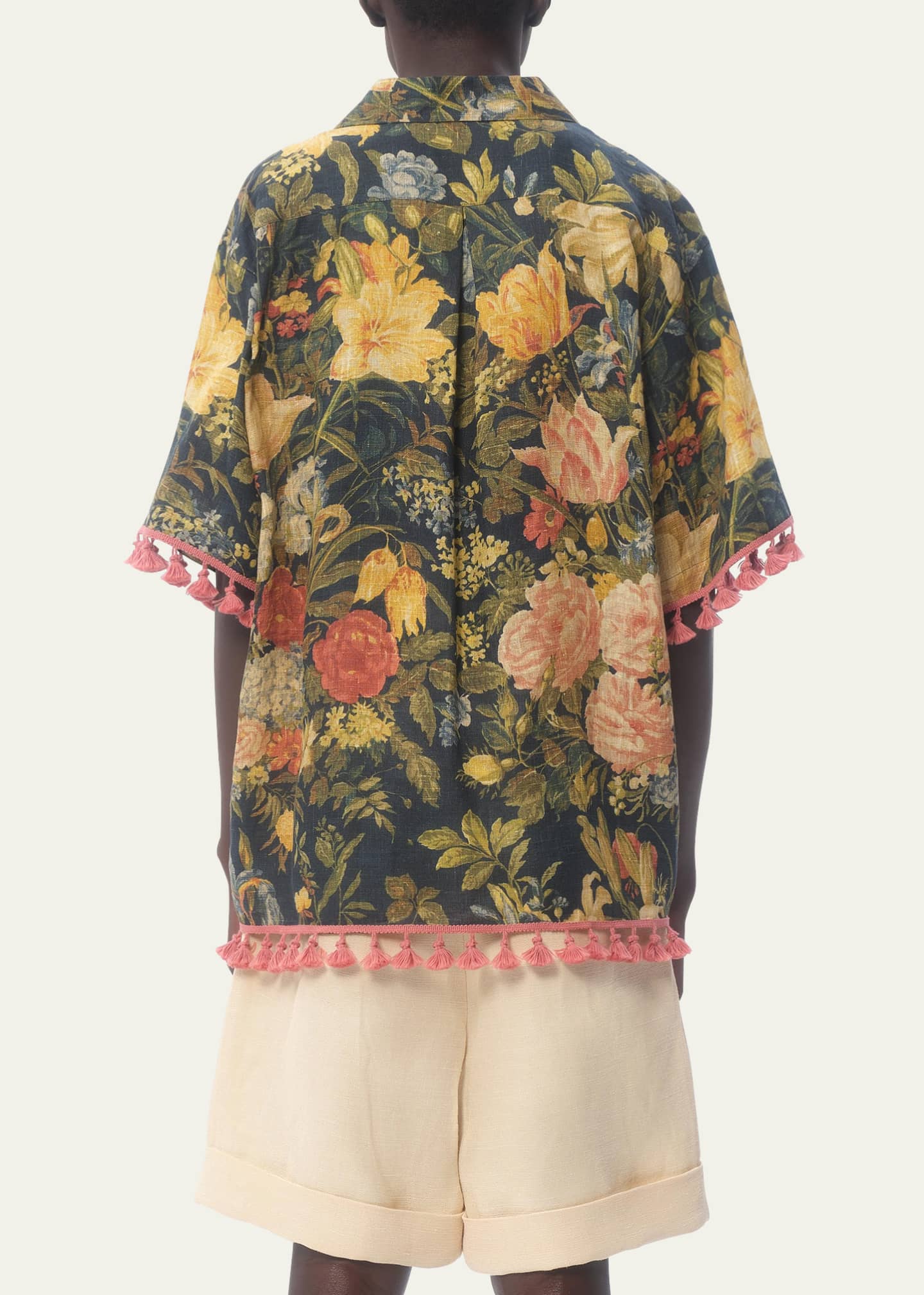 Valentino Garavani Men's Floral Poplin Tassel Camp Shirt Image 3 of 4