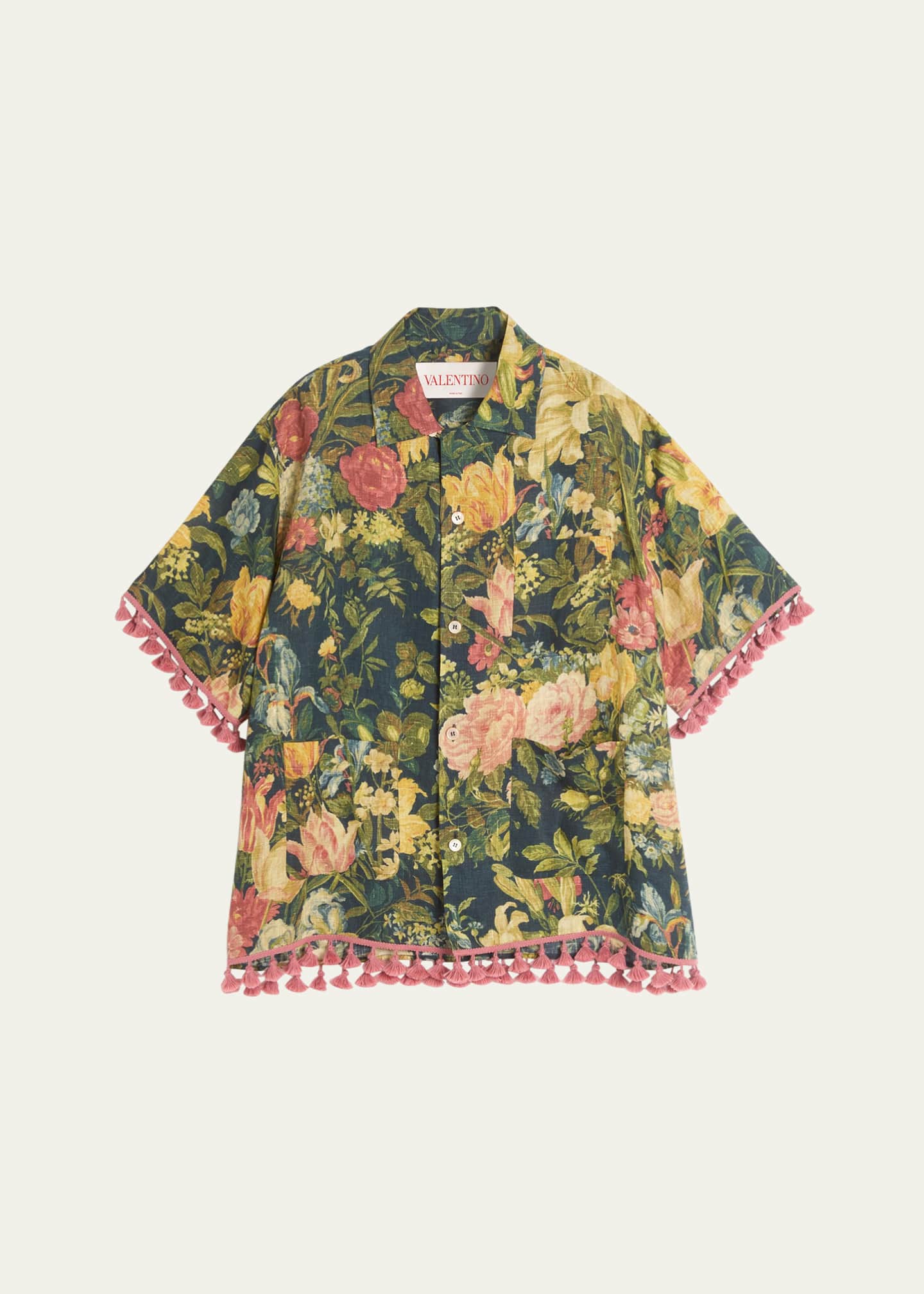 Valentino Garavani Men's Floral Poplin Tassel Camp Shirt Image 1 of 4