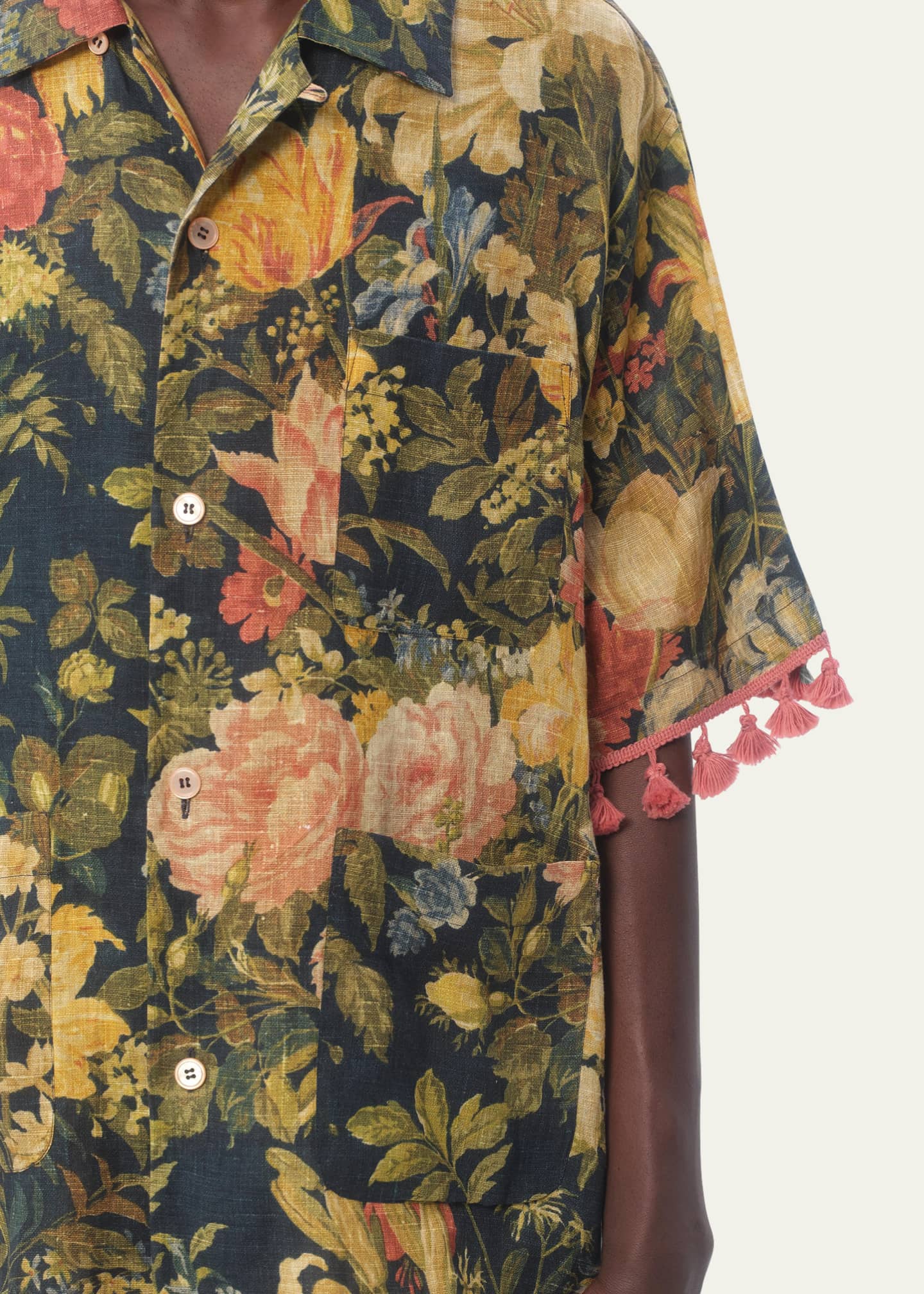 Valentino Garavani Men's Floral Poplin Tassel Camp Shirt Image 4 of 4