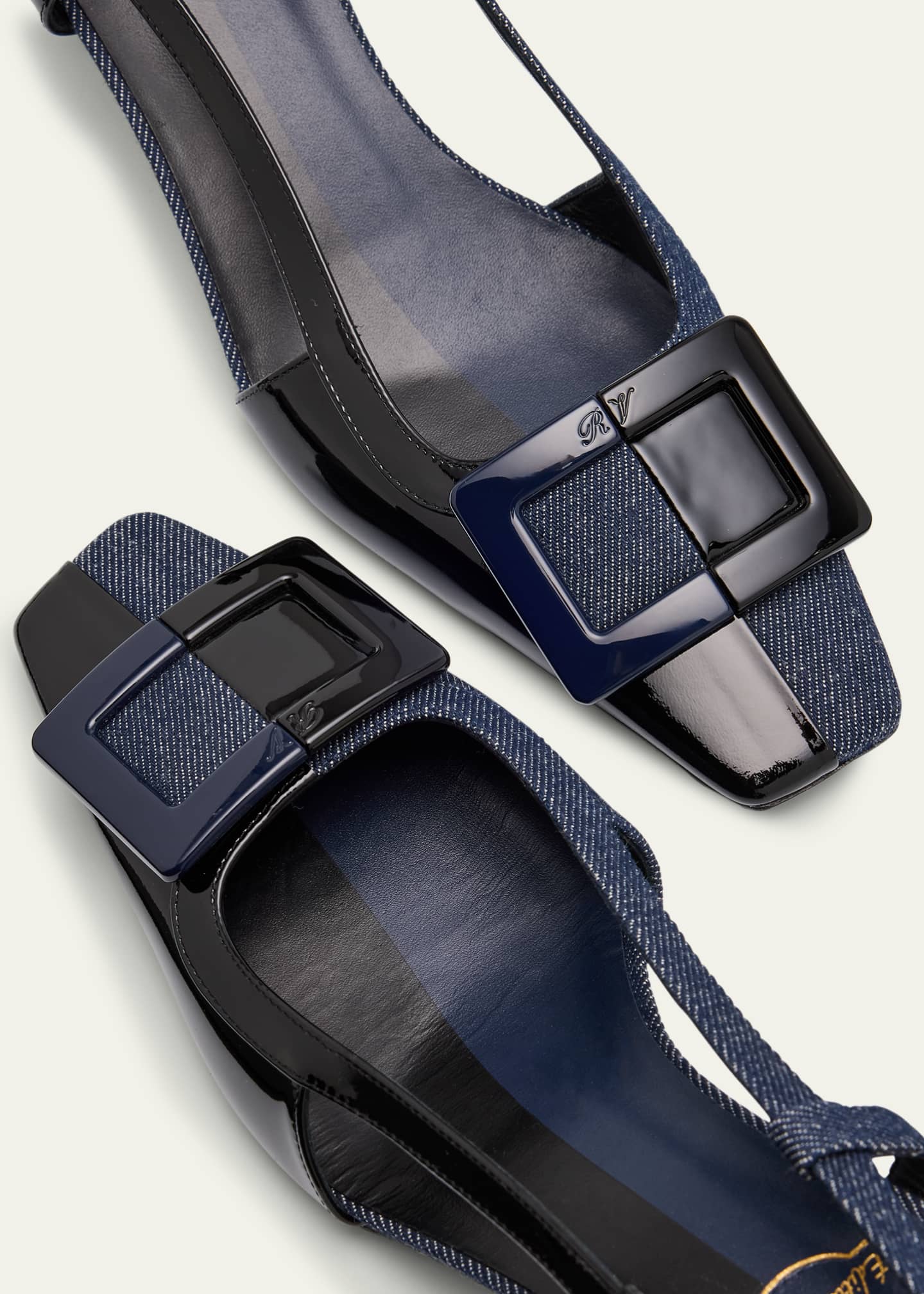 Roger Vivier Bicolor Leather Denim Buckle Slingback Pumps Image 6 of 6