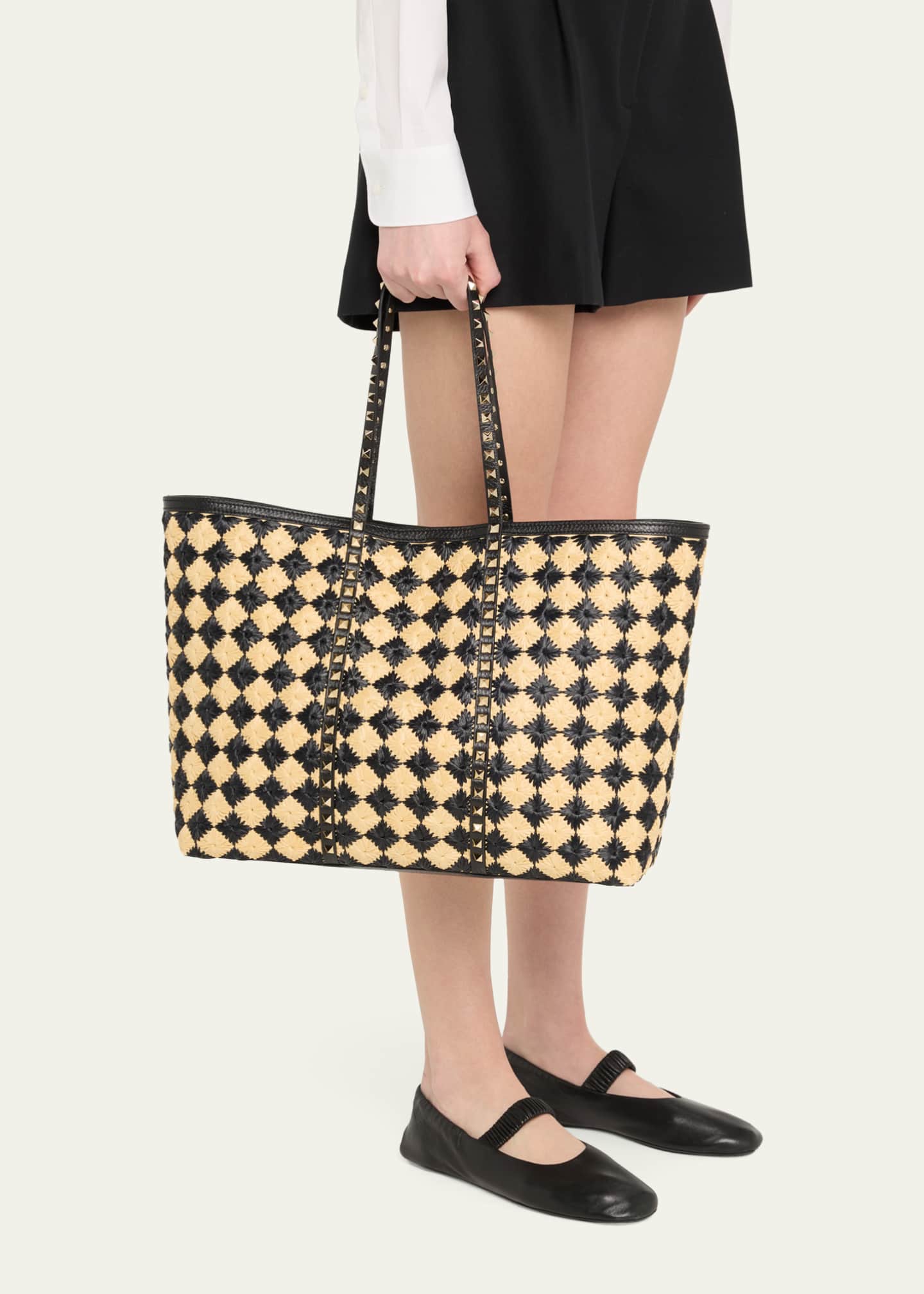 Valentino Garavani Rockstud Embroidered Raffia Shopping Tote Bag Image 2 of 6