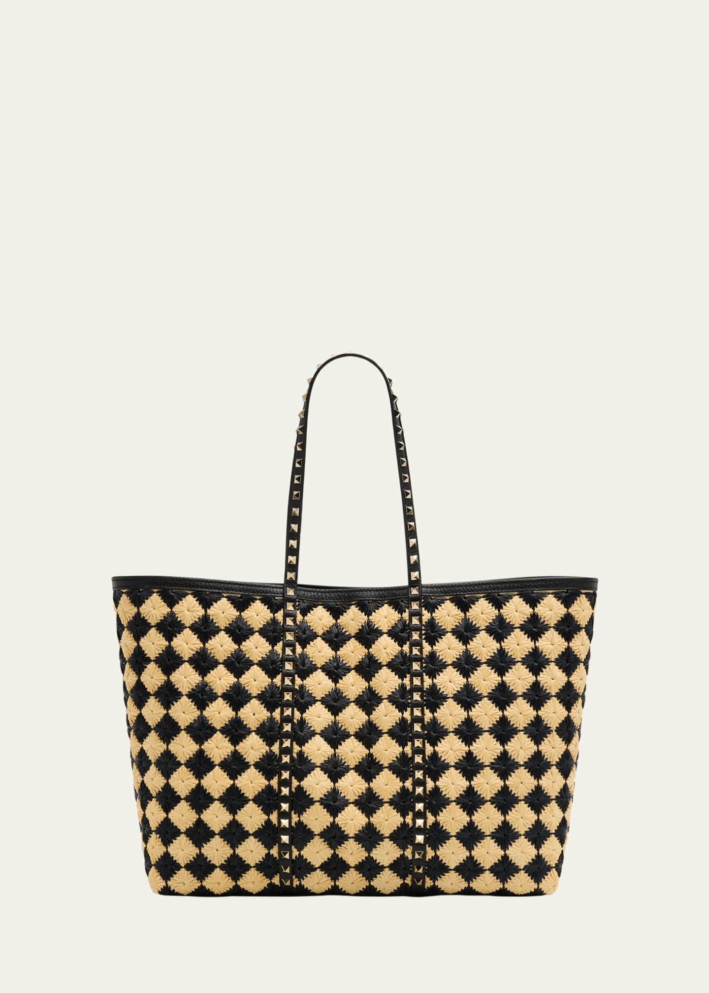 Valentino Garavani Rockstud Embroidered Raffia Shopping Tote Bag Image 1 of 6
