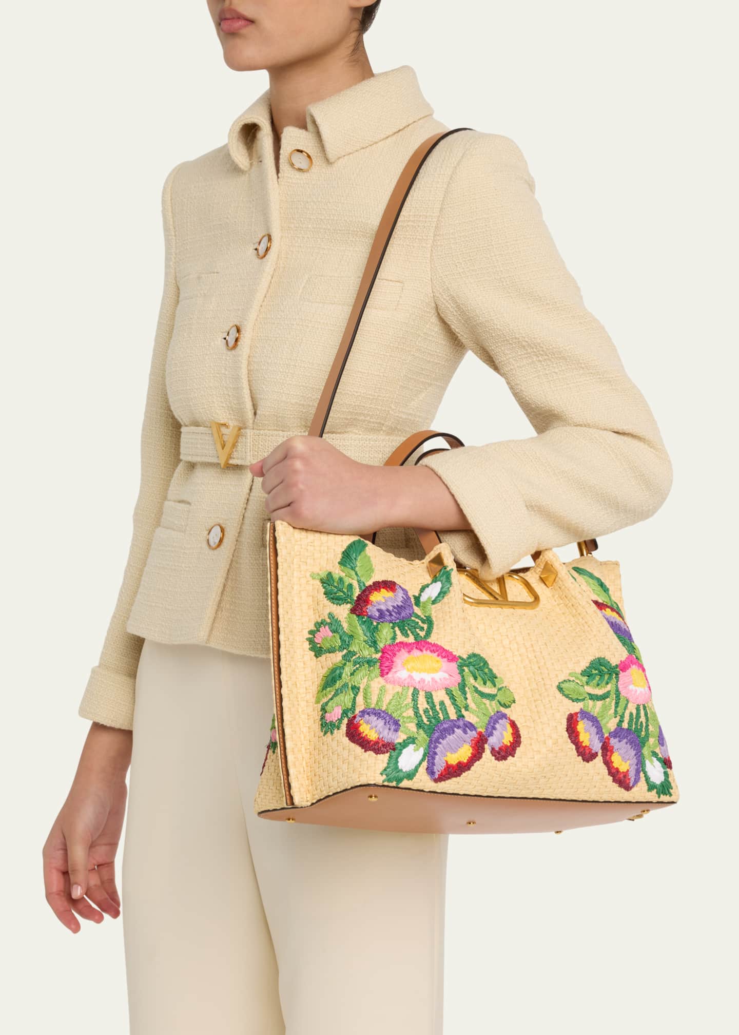 Valentino Garavani Floral Embroidered Raffia Medium Shopping Tote Bag Image 2 of 6