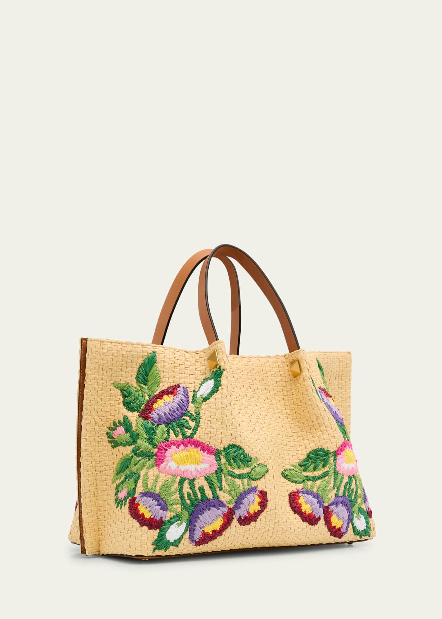 Valentino Garavani Floral Embroidered Raffia Medium Shopping Tote Bag Image 3 of 6