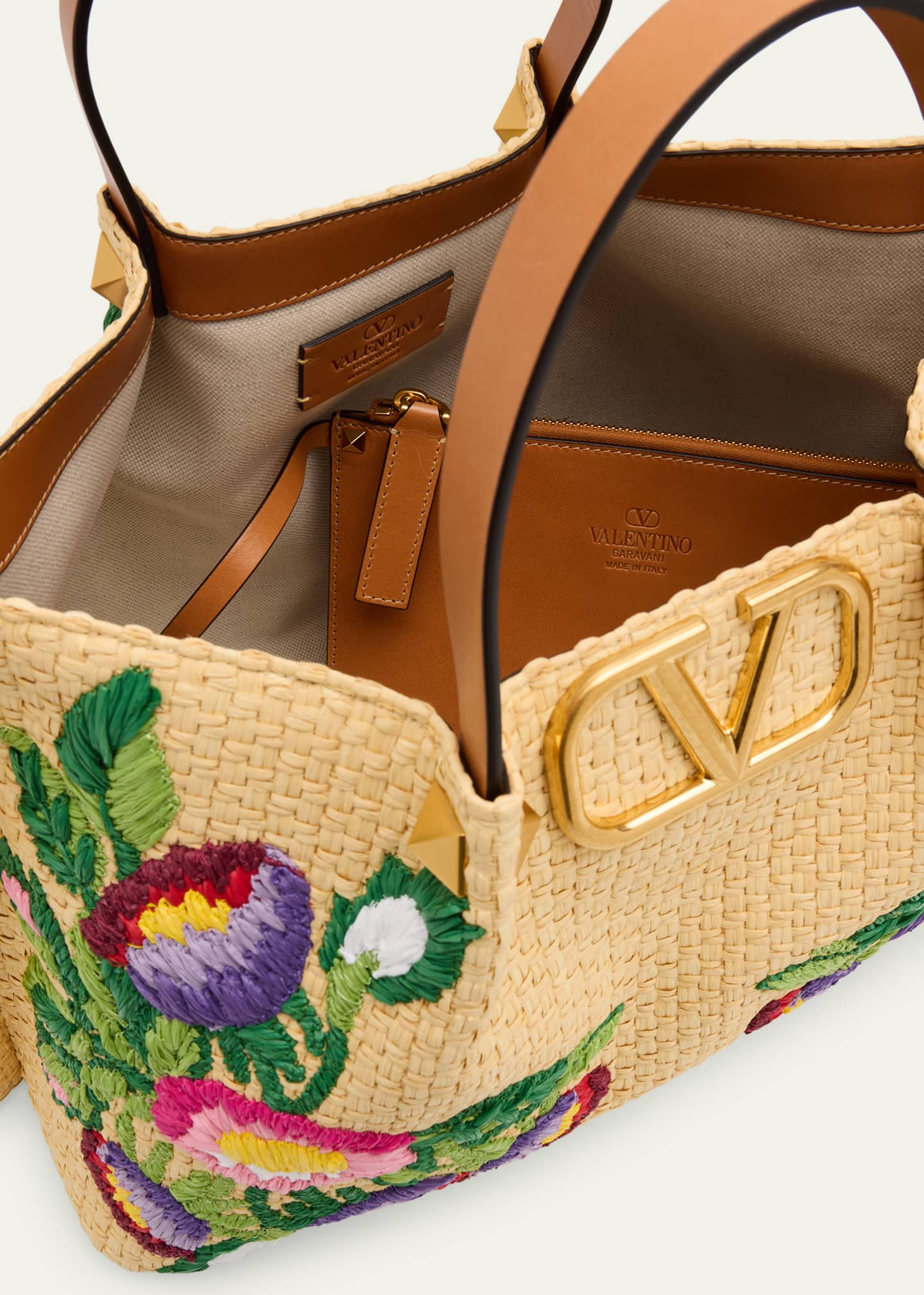 Valentino Garavani Floral Embroidered Raffia Medium Shopping Tote Bag Image 4 of 6