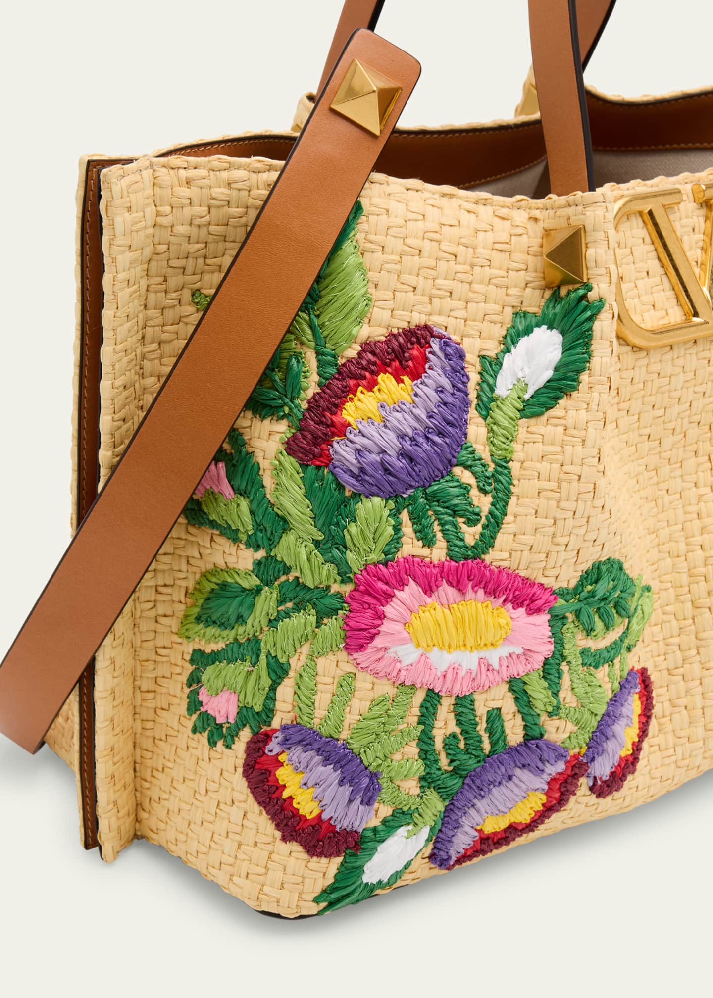 Valentino Garavani Floral Embroidered Raffia Medium Shopping Tote Bag Image 6 of 6