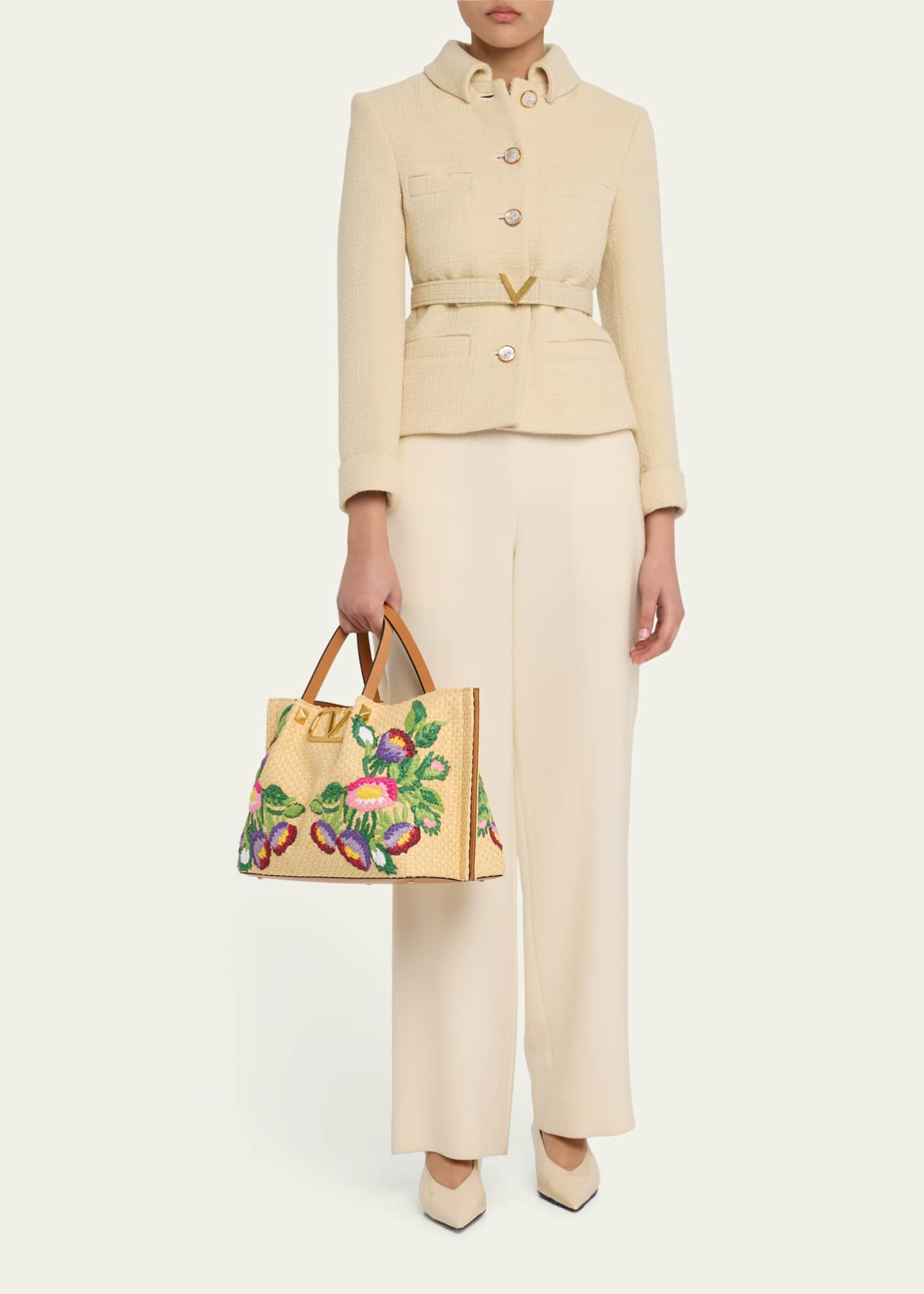 Valentino Garavani Floral Embroidered Raffia Medium Shopping Tote Bag Image 5 of 6