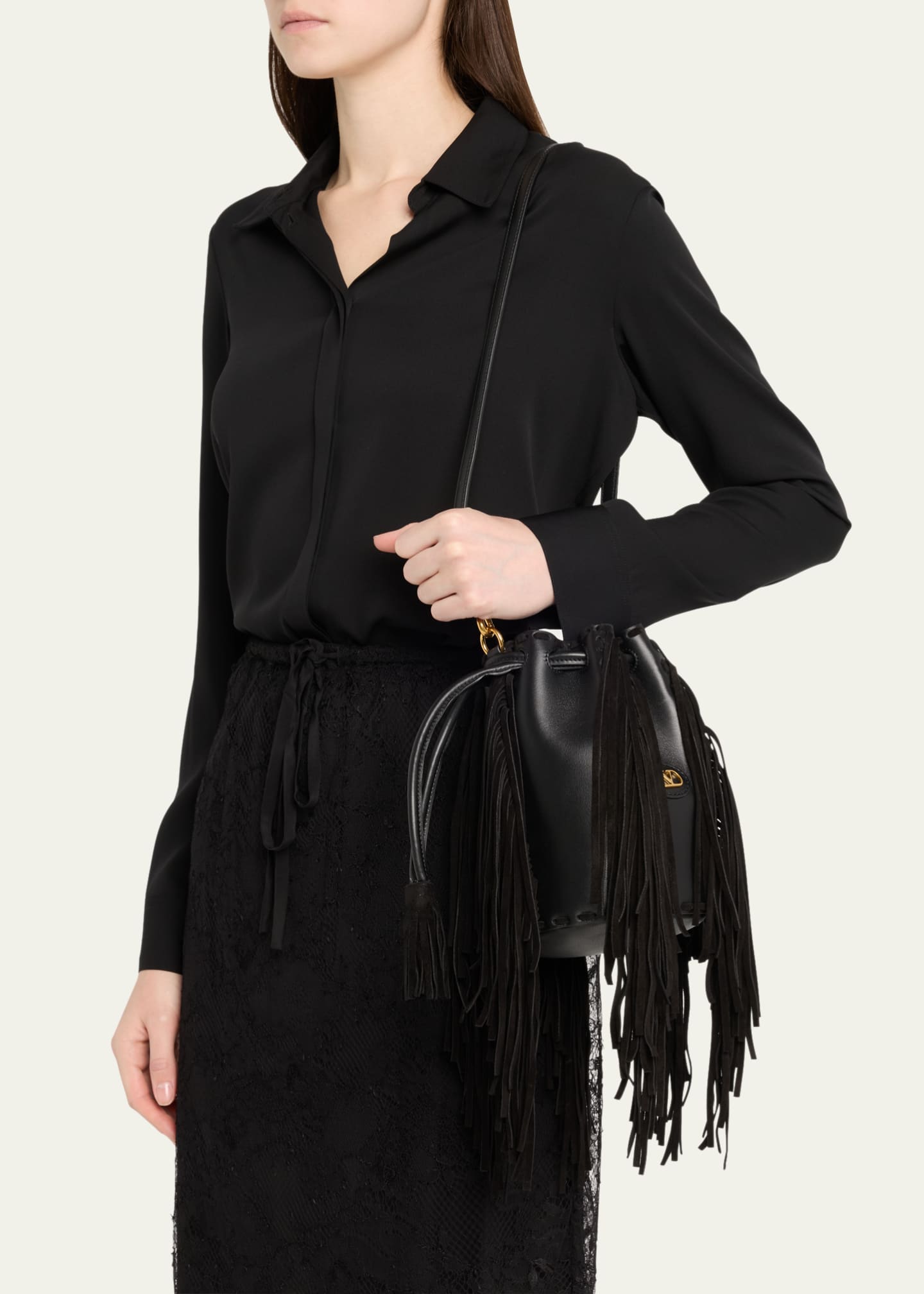 Valentino Garavani Nellcote Small Fringe Leather Bucket Bag Image 2 of 6