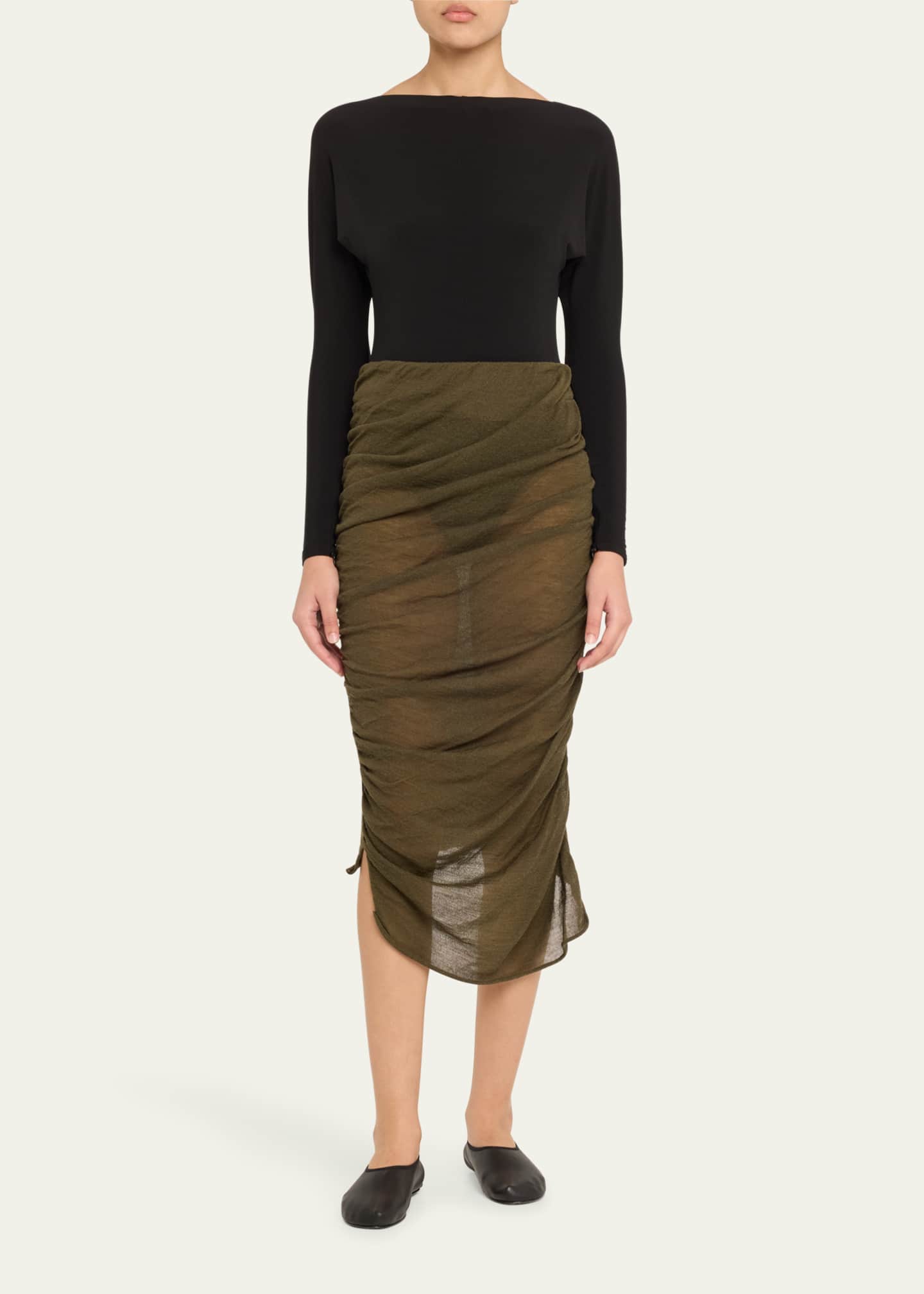 Issey Miyake Ambiguous Ruched Midi Wool Skirt Image 2 of 5