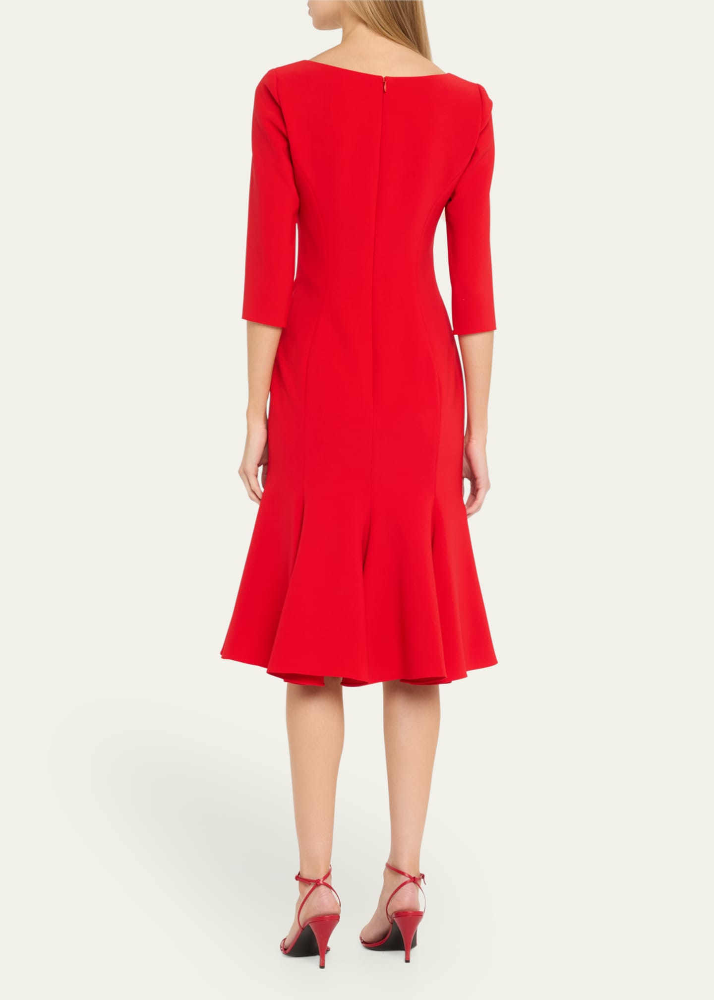 Carolina Herrera Square-Neck 3/4-Sleeve Midi Trumpet Dress Image 3 of 5