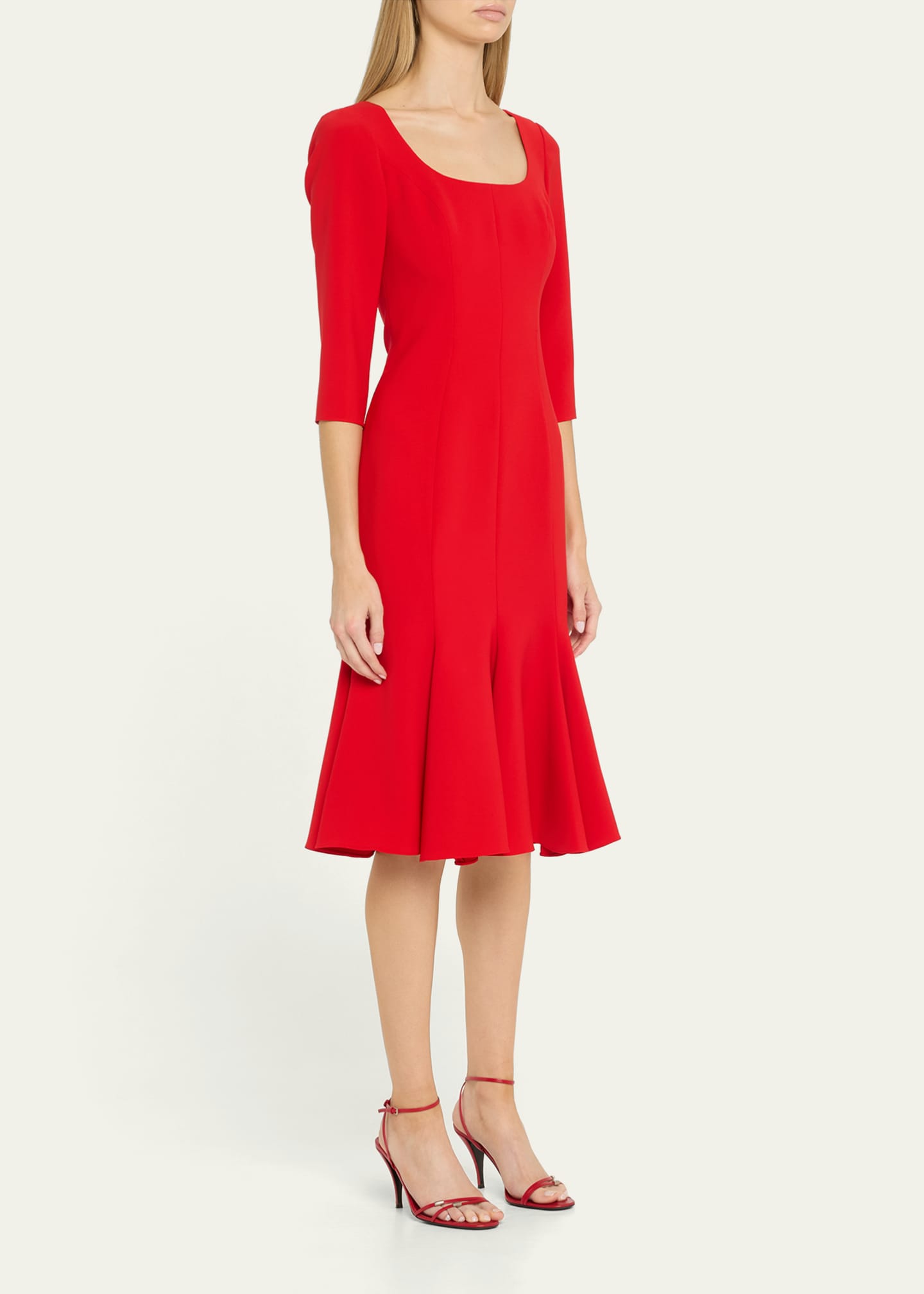 Carolina Herrera Square-Neck 3/4-Sleeve Midi Trumpet Dress Image 4 of 5