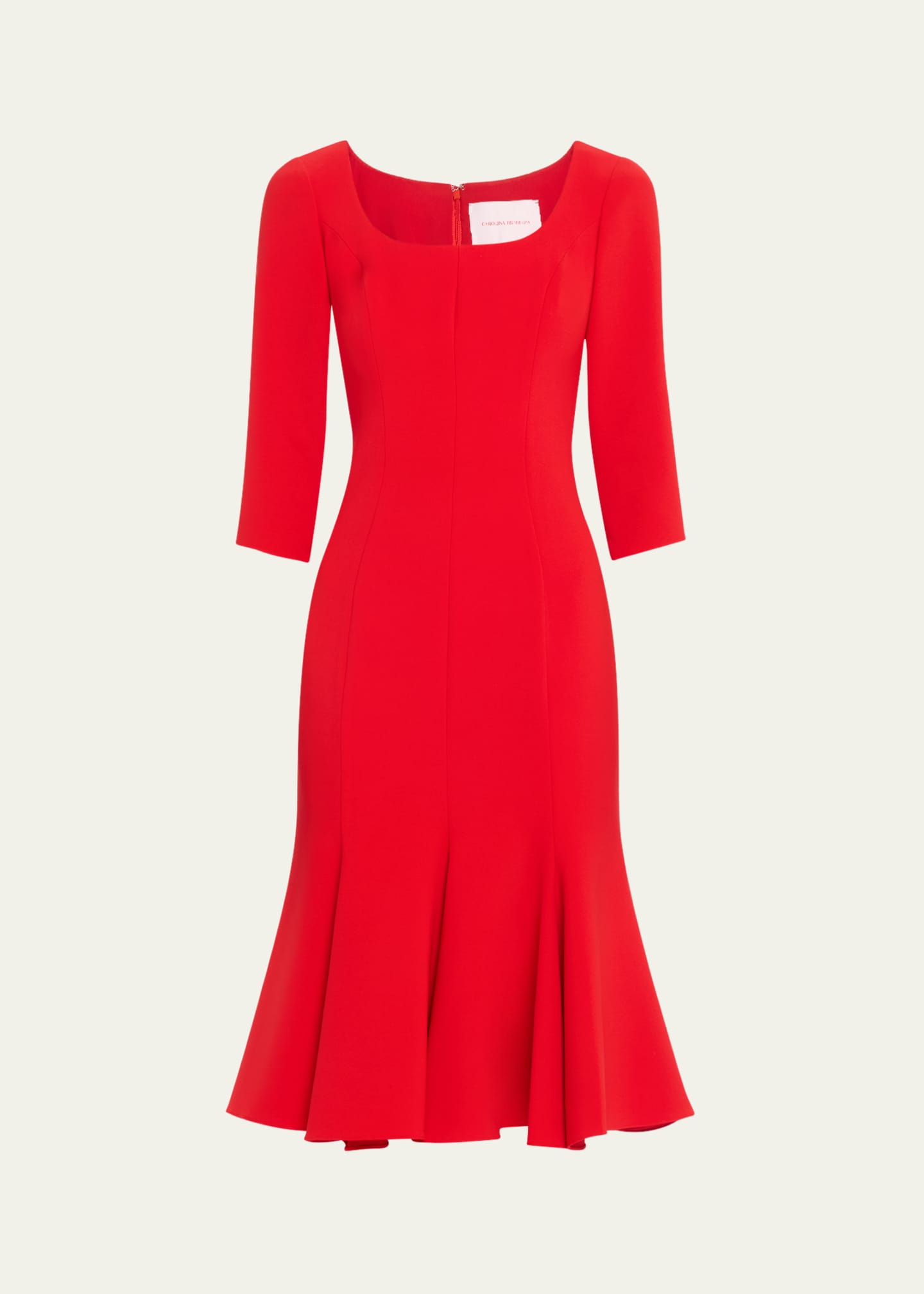 Carolina Herrera Square-Neck 3/4-Sleeve Midi Trumpet Dress Image 1 of 5