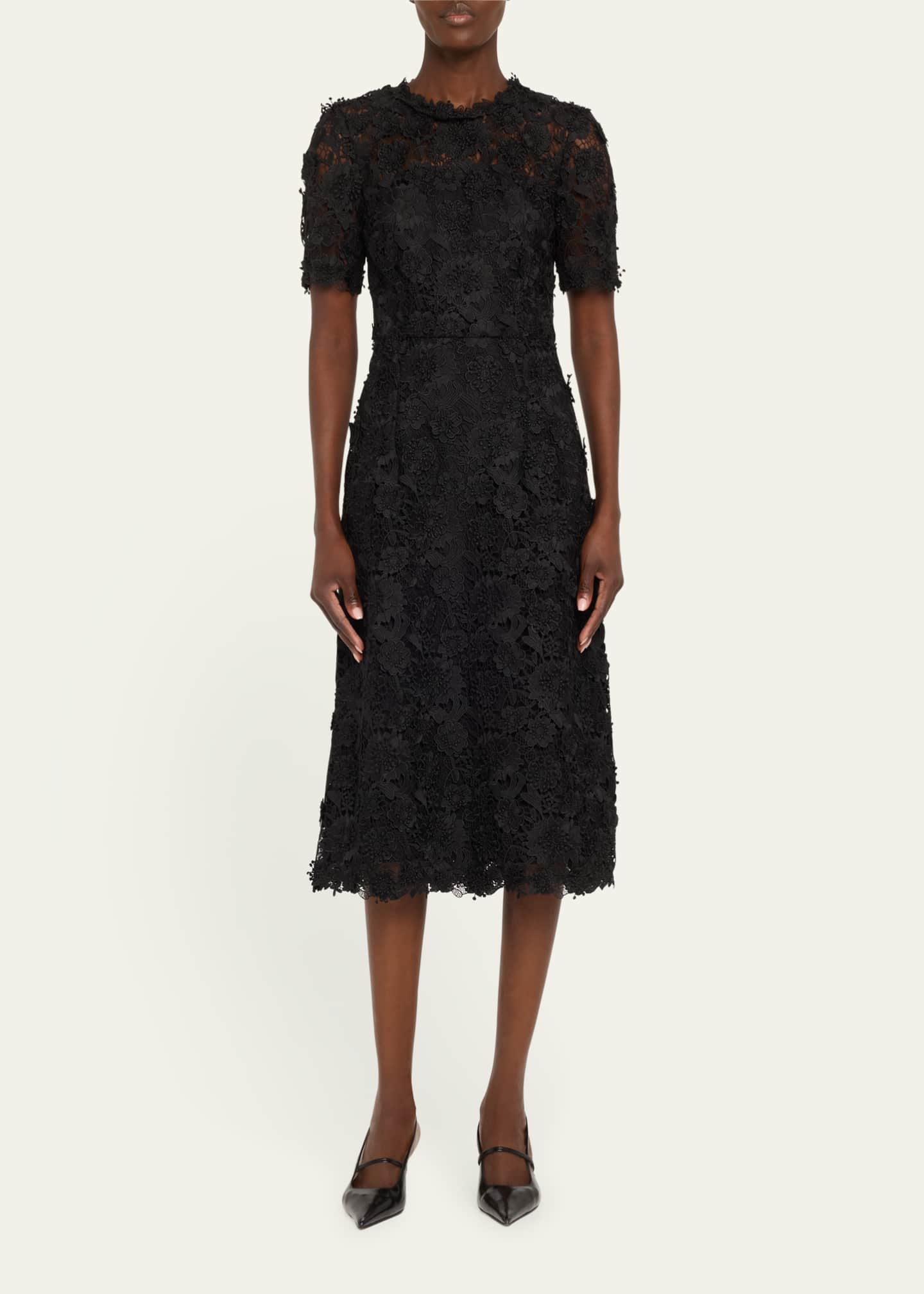 Carolina Herrera Floral Lace Short-Sleeve Illusion Dress Image 2 of 5