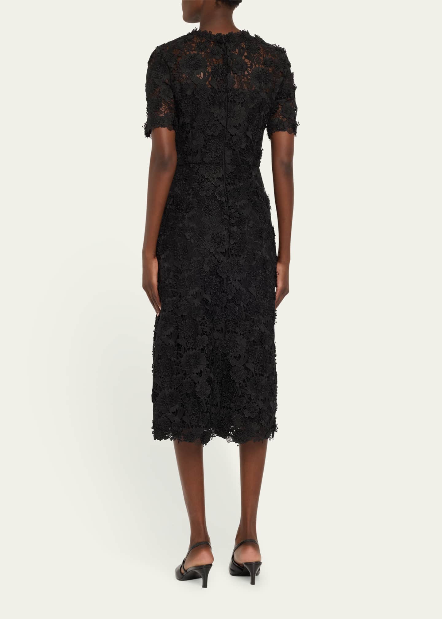 Carolina Herrera Floral Lace Short-Sleeve Illusion Dress Image 3 of 5