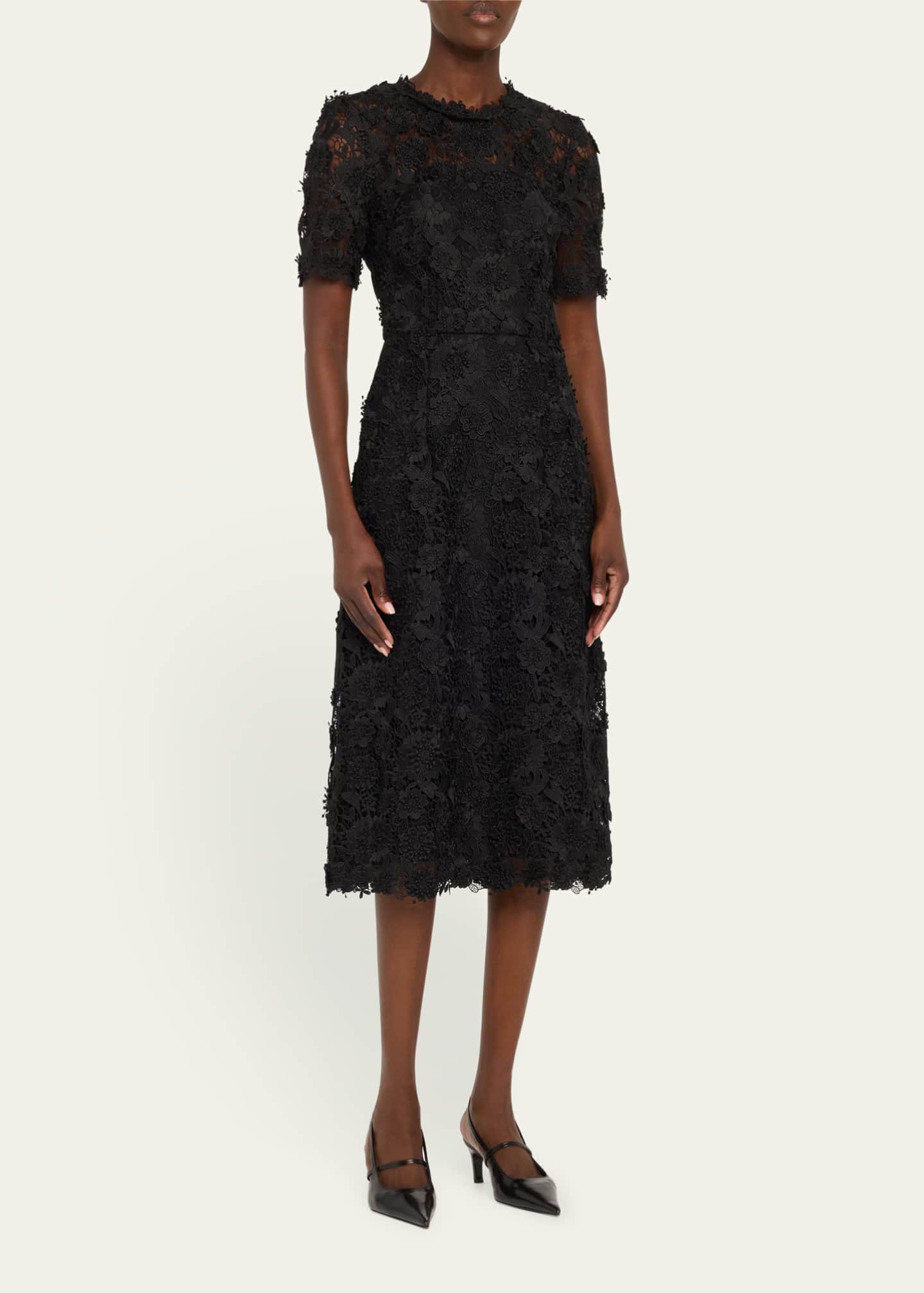 Carolina Herrera Floral Lace Short-Sleeve Illusion Dress Image 4 of 5